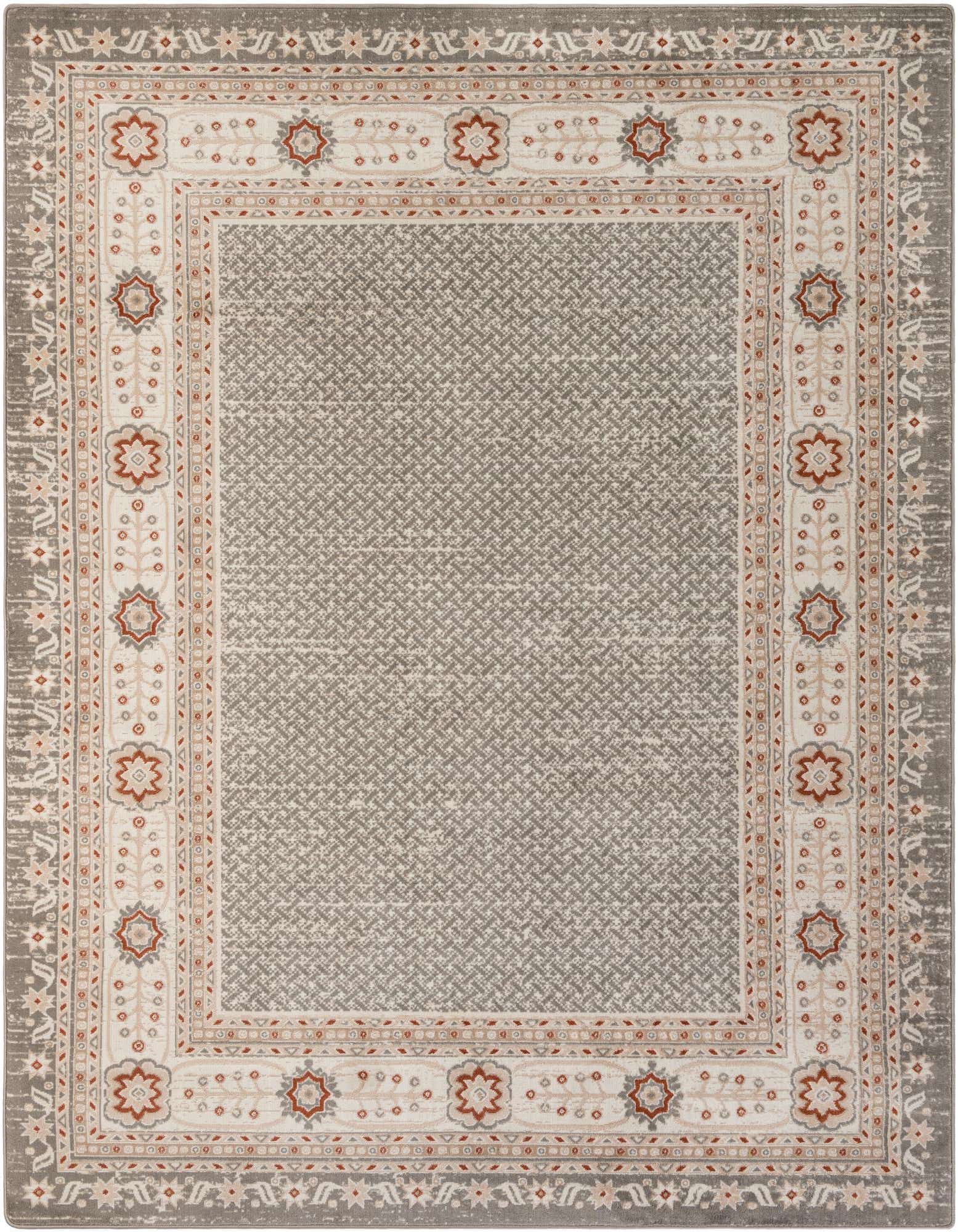 An 8x10 rectangular Charlotte rug in steel gray with a modern pattern and decorative border, perfect for a living room.