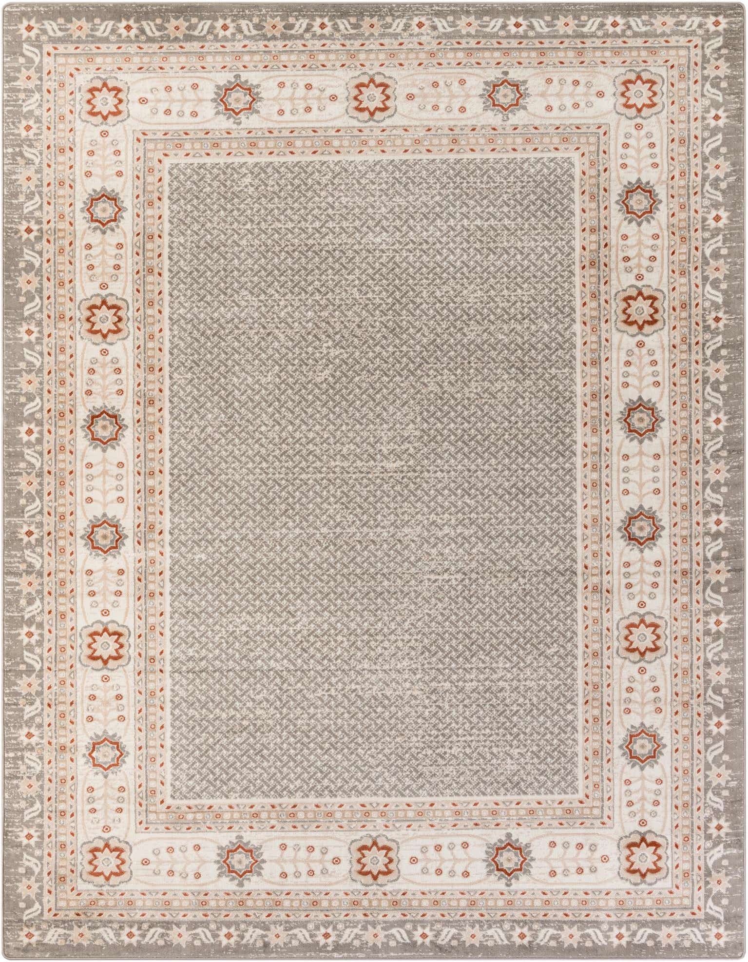A 9x12 rectangular Charlotte rug in steel gray with a modern pattern and decorative border, suitable for a living room.