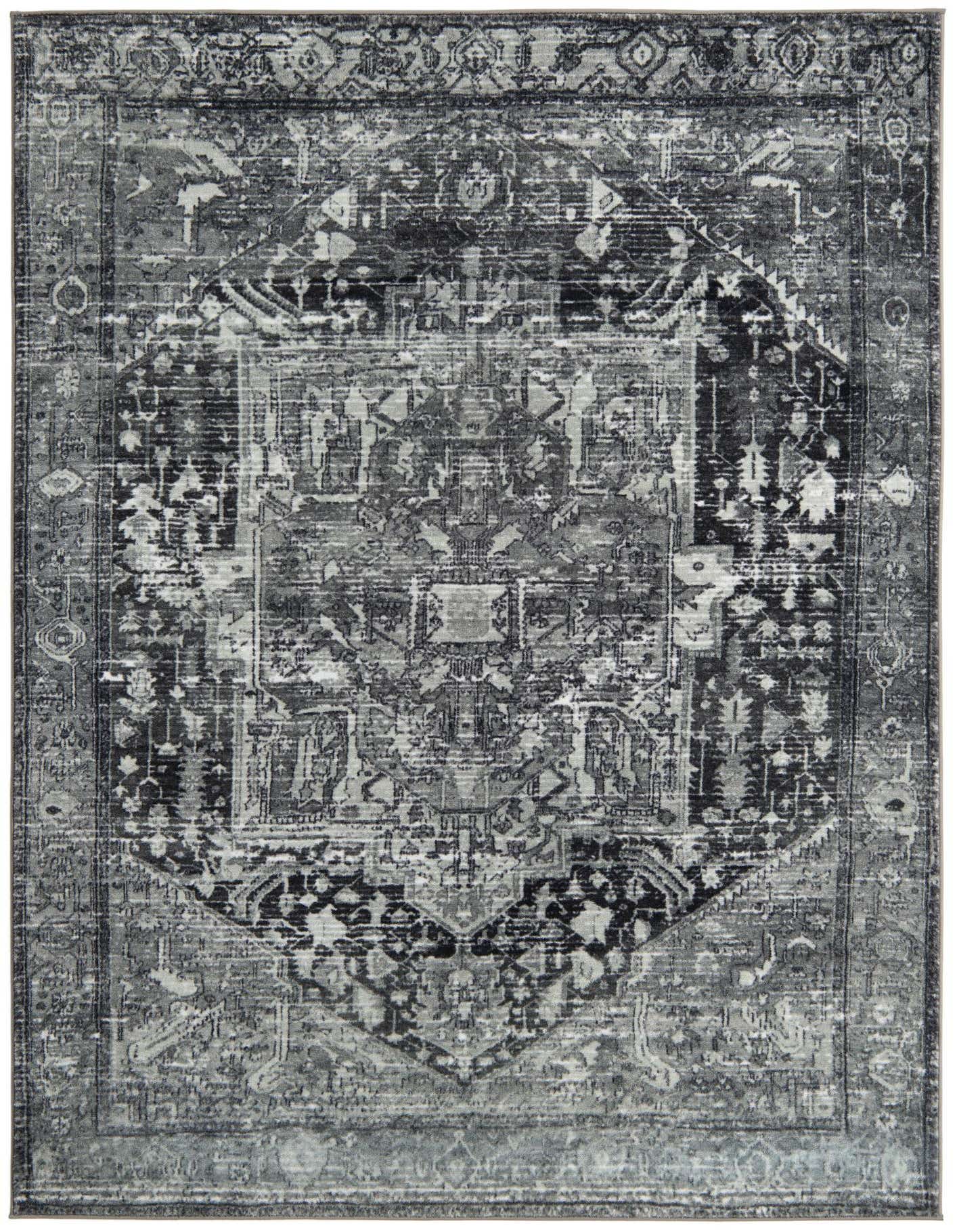 A 6x9 rectangular Medina rug by Rugs.com, featuring a distressed traditional medallion pattern in varying shades of gray.