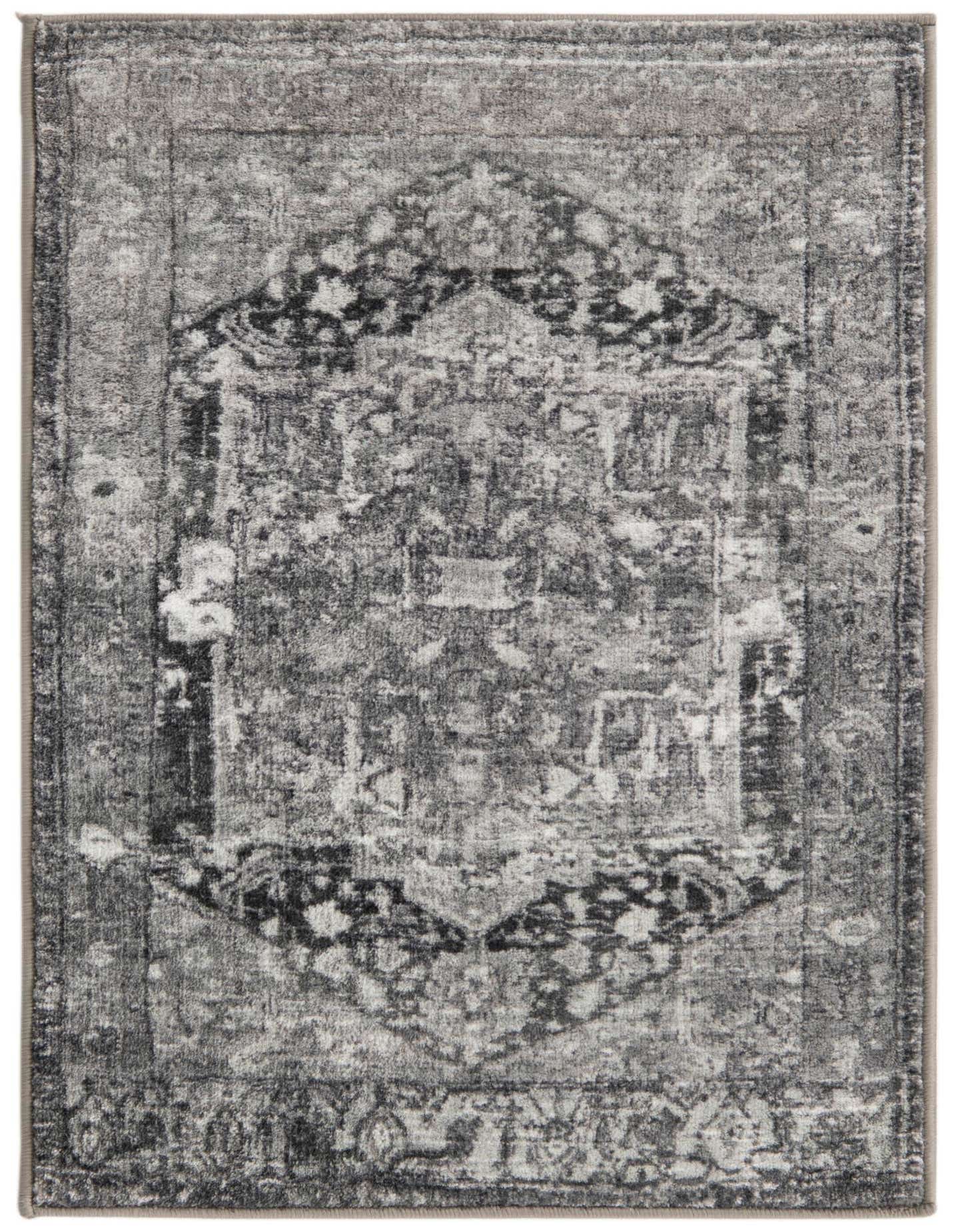 A 2x3 rectangular Medina rug by Rugs.com with a distressed gray and silver traditional medallion pattern, ideal for an entryway.