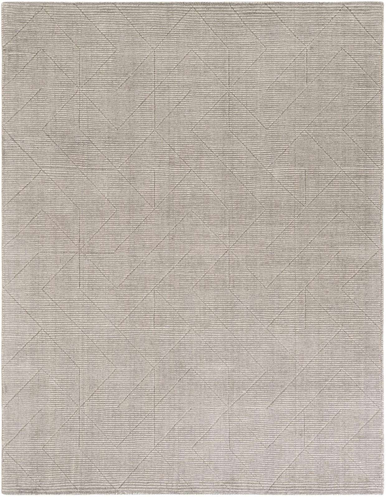 A 5x8 rectangular steel gray wool rug with a subtle textured geometric and stripe pattern, ideal for a modern living room or office.