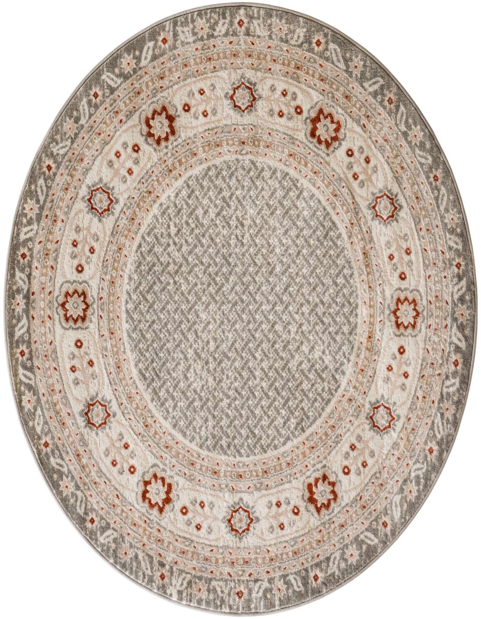A 5'3" round Charlotte rug by Rugs.com, featuring a steel gray modern pattern with floral medallions and geometric accents on a light background.