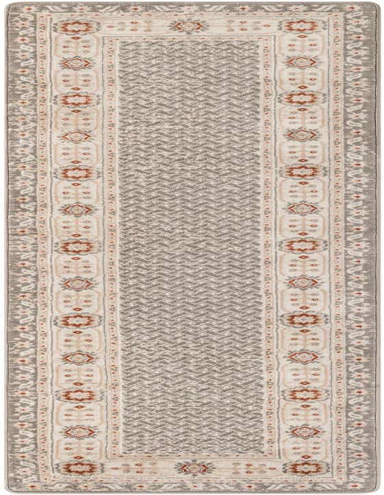 A 10 ft runner rug in steel gray with a modern pattern, featuring a light border with rust and beige accents, ideal for a hallway.