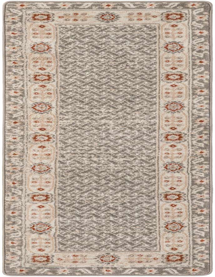 A 6 ft runner rug in steel gray with a modern pattern and decorative border in cream and rust tones, ideal for a hallway.