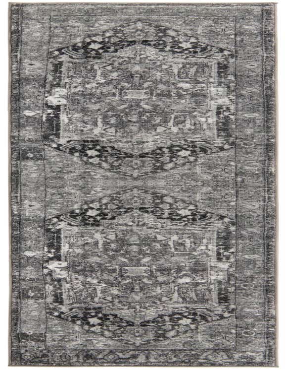 A gray 8 ft runner rug with a distressed traditional medallion and tribal pattern, ideal for a hallway or kitchen.