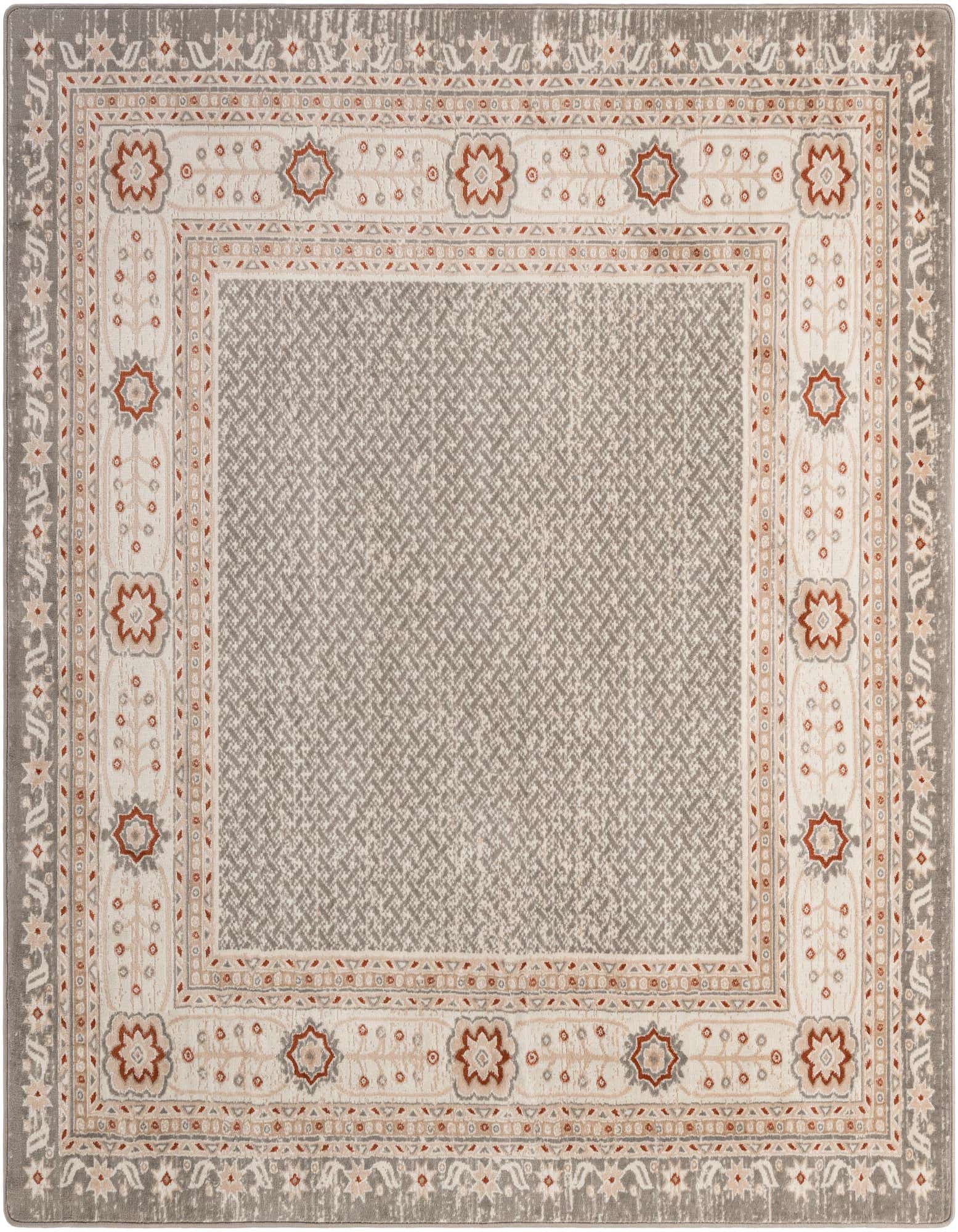 A 7' 10 x 7' 10 square steel gray traditional rug with an oriental pattern and decorative border.