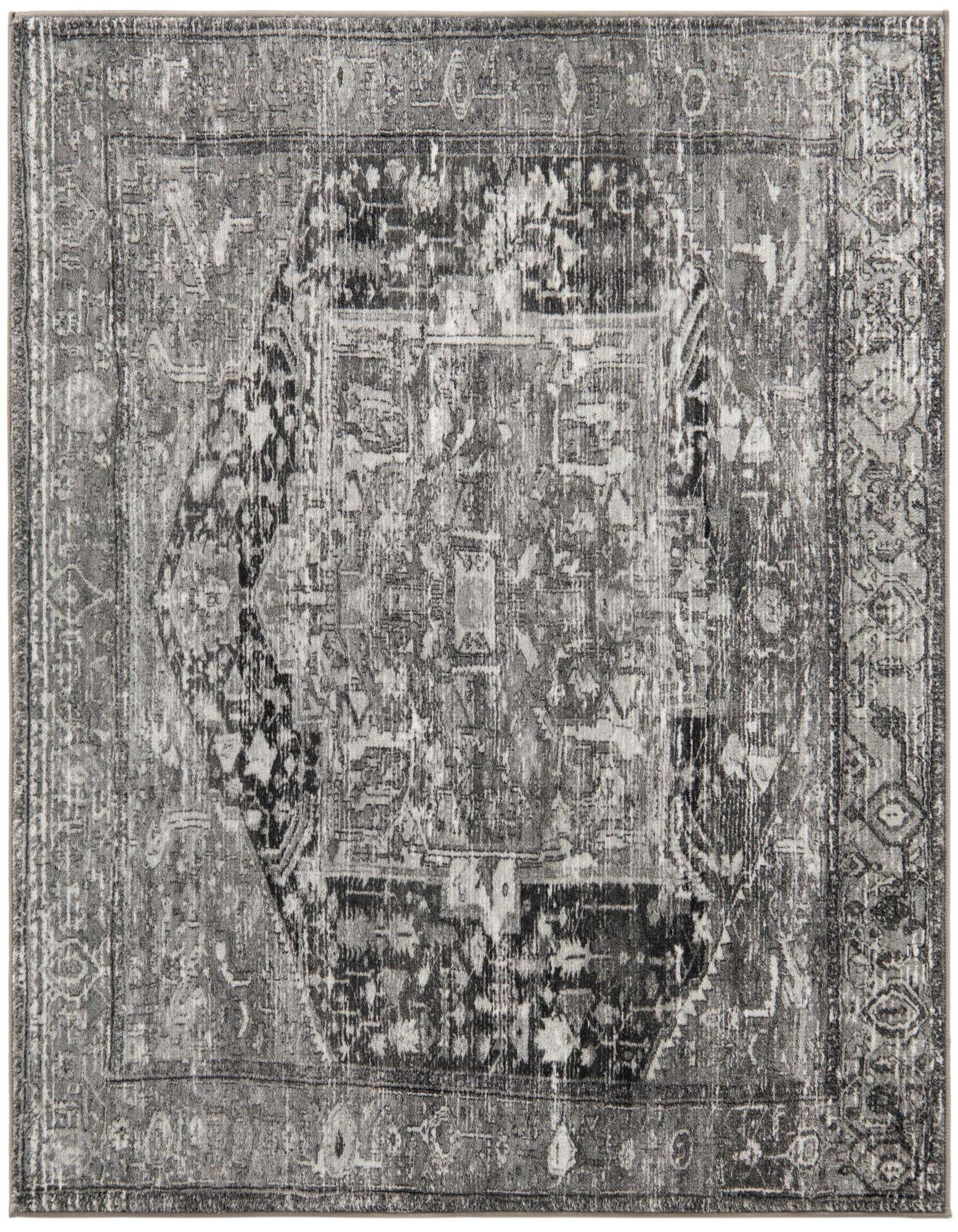 A 5' 3 x 5' 3 square gray area rug with a distressed traditional medallion and tribal pattern.