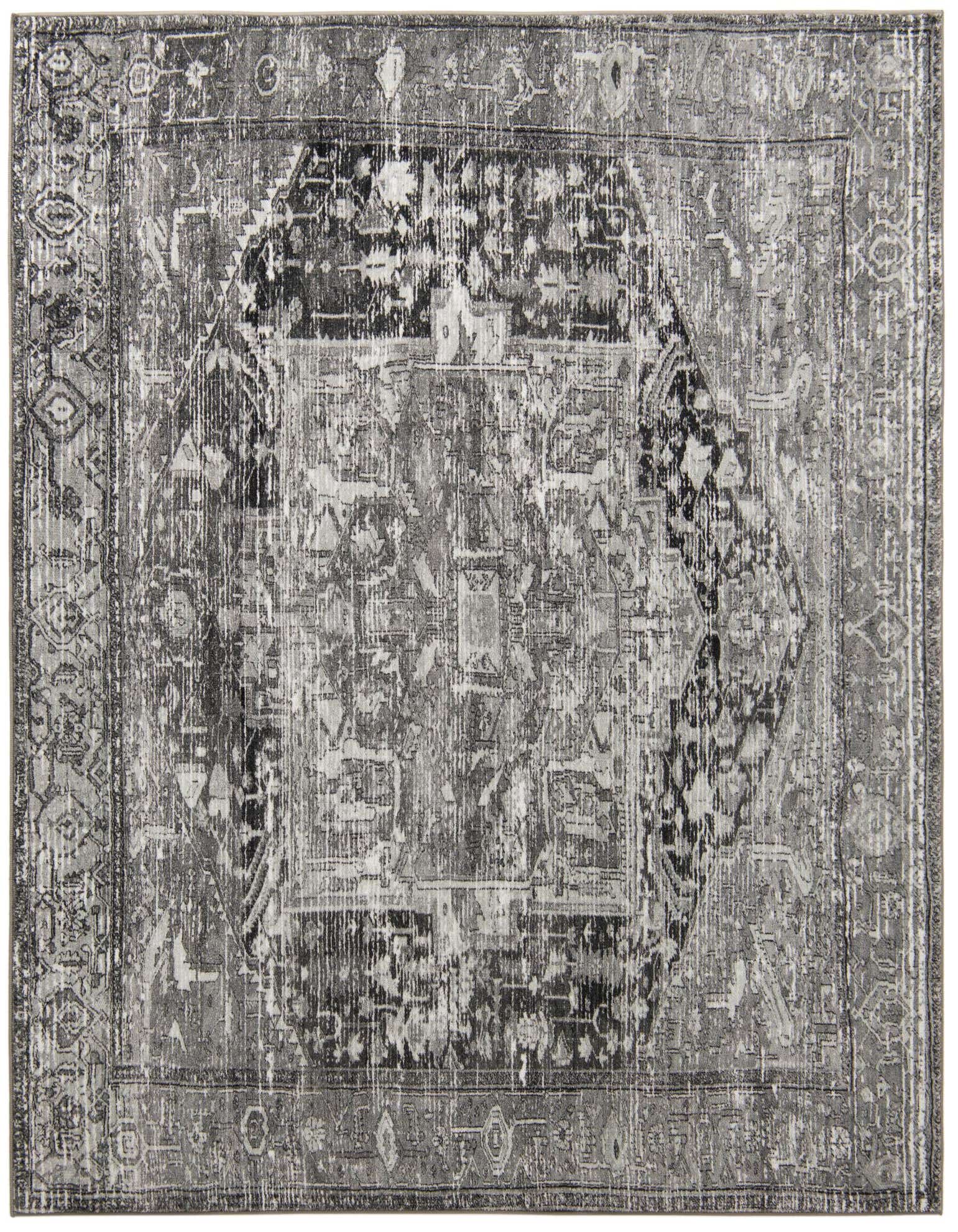 A square gray and silver area rug with a distressed traditional medallion and tribal pattern, suitable for an indoor living space.
