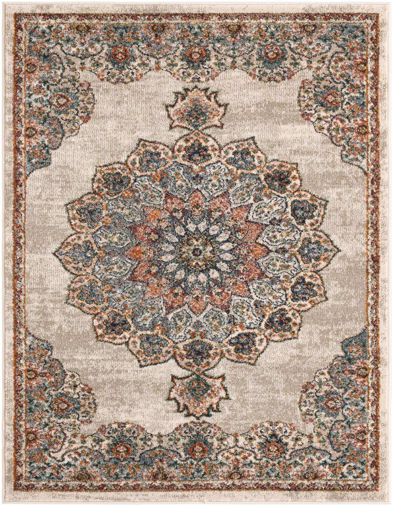 A 4x6 rectangular Isabella Collection rug featuring a central medallion and ornate border in shades of brown, tan, ivory, blue, and rust.