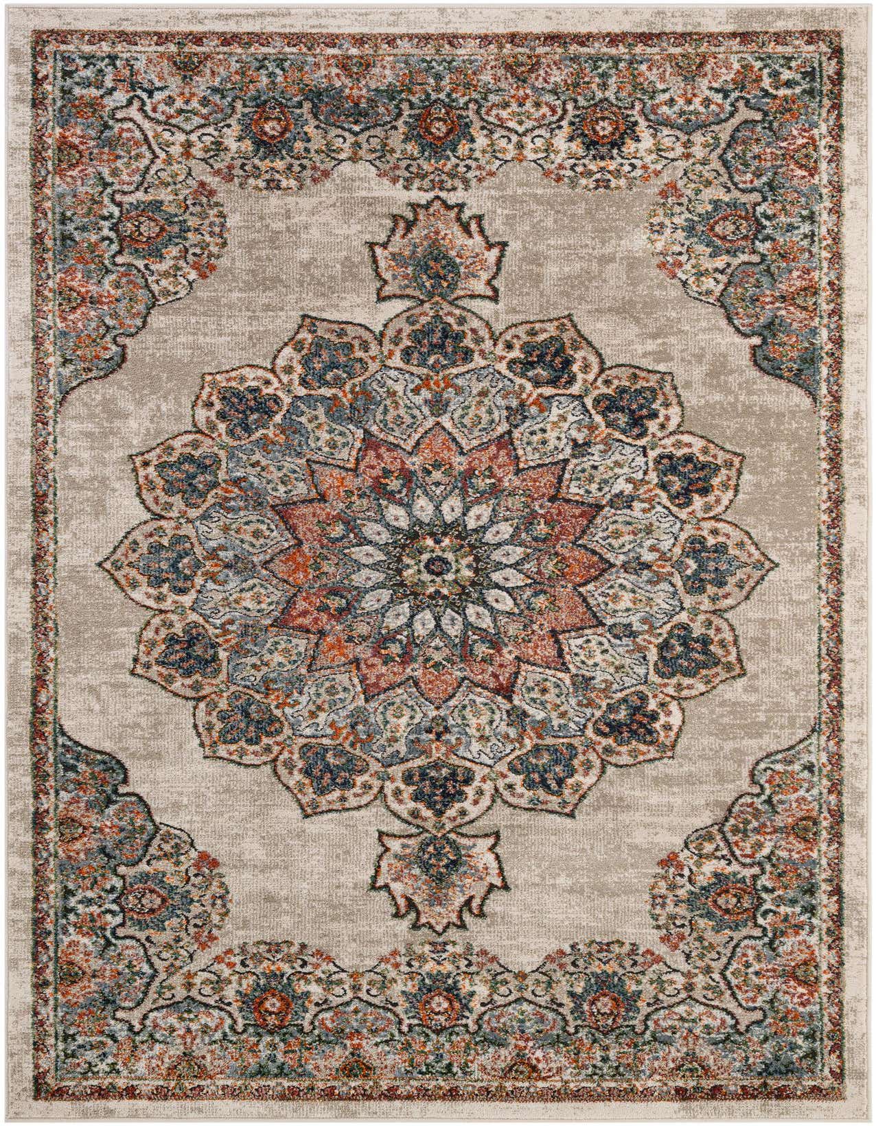A 5x8 rectangular Isabella rug with a central medallion pattern in shades of brown, tan, ivory, cream, and subtle blues and oranges.