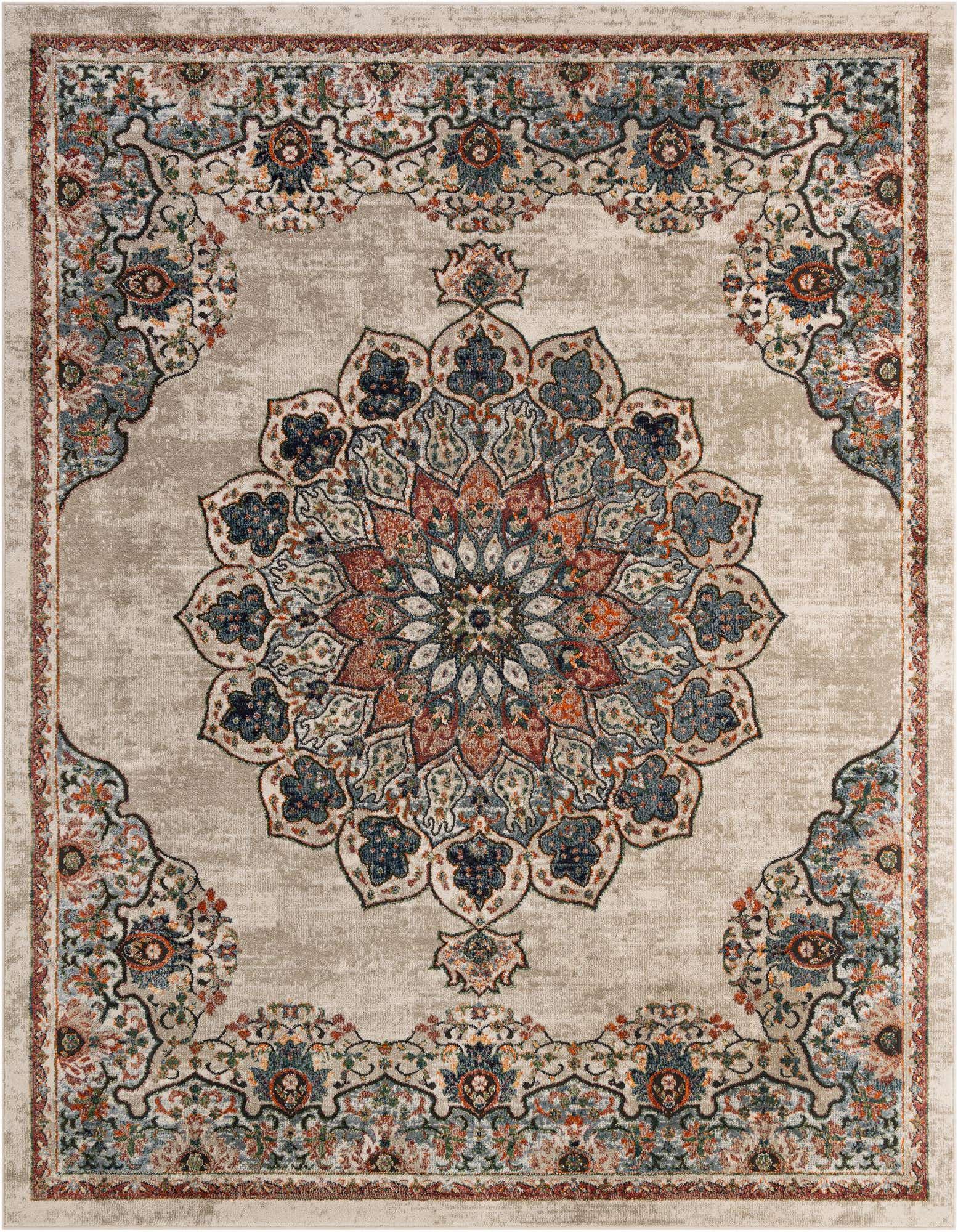 An 8x10 rectangular Isabella rug featuring a central medallion and ornate border in brown, ivory, and multicolor traditional patterns.