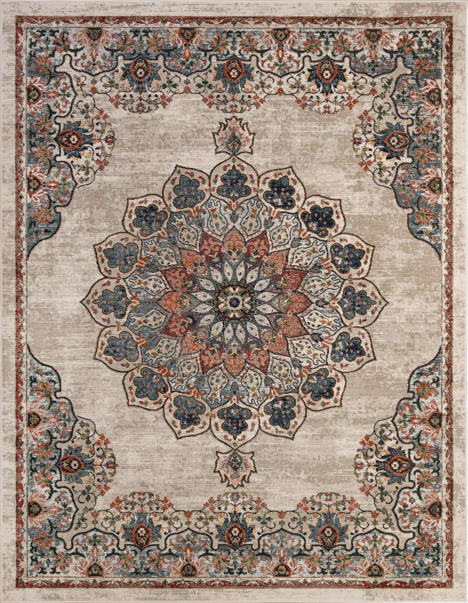 A 9x12 rectangular Isabella collection rug featuring a distressed medallion pattern in brown, ivory, blue, and orange.