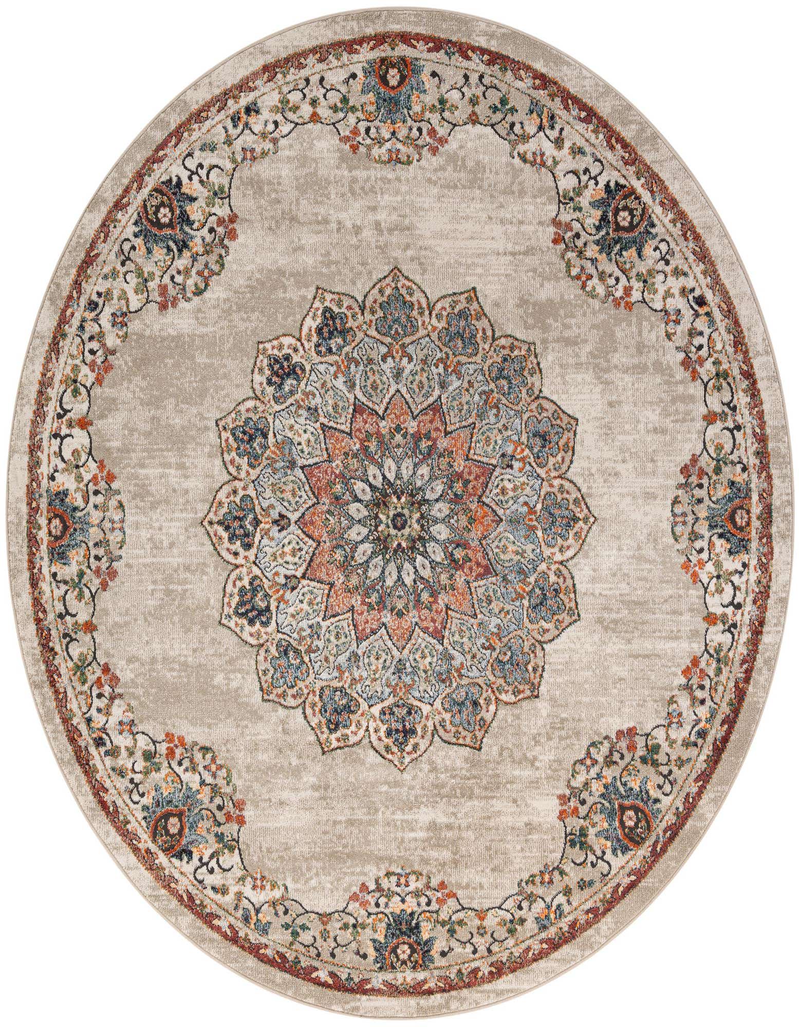 A round 8' 0 x 8' 0 Isabella rug featuring a central medallion and ornate border in browns, tans, ivories, and creams.