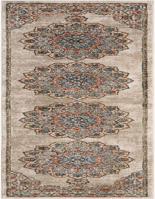 A 10 ft Isabella runner rug with a traditional Oriental pattern in brown, tan, ivory, and blue, featuring large medallions.