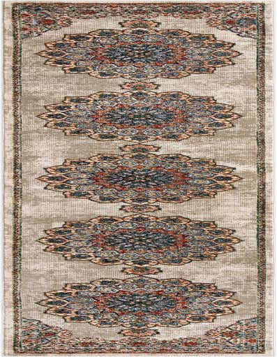 A 13 ft runner rug with a distressed beige background and a repeating pattern of ornate, colorful medallions in blues, reds, and oranges.