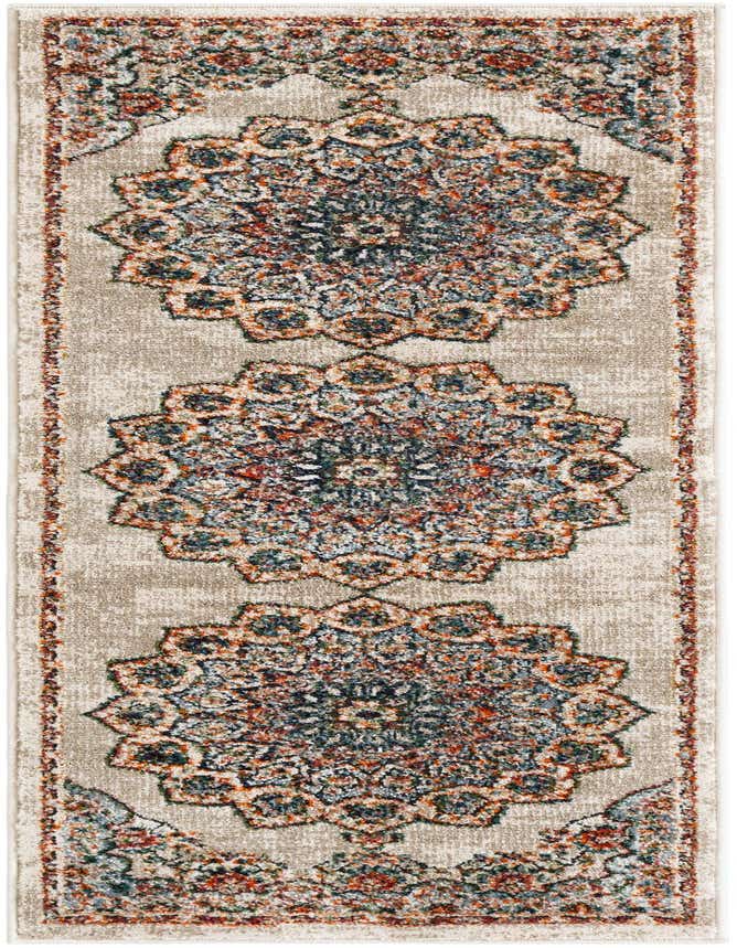 A 6 ft runner rug with a distressed medallion pattern in shades of brown, tan, ivory, and hints of blue and orange, ideal for a hallway.