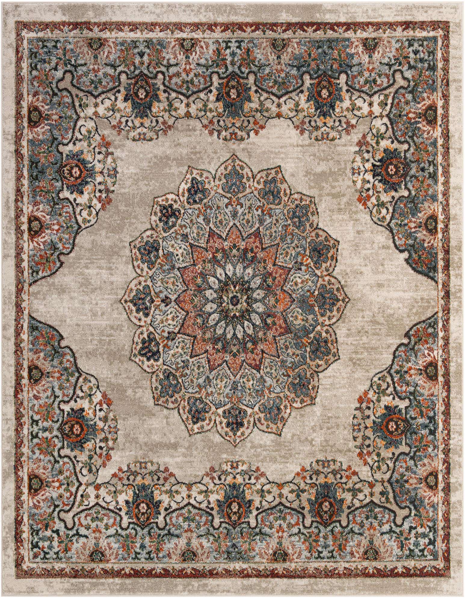 A square 8' 0 x 8' 0 Isabella rug featuring a central medallion and ornate traditional patterns in browns, tans, ivories, and creams.