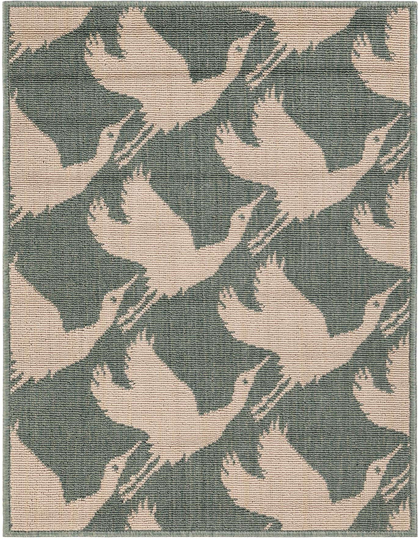 A 2x3 rectangular indoor/outdoor rug featuring a modern pattern of light blue cranes flying across a darker blue-gray background.