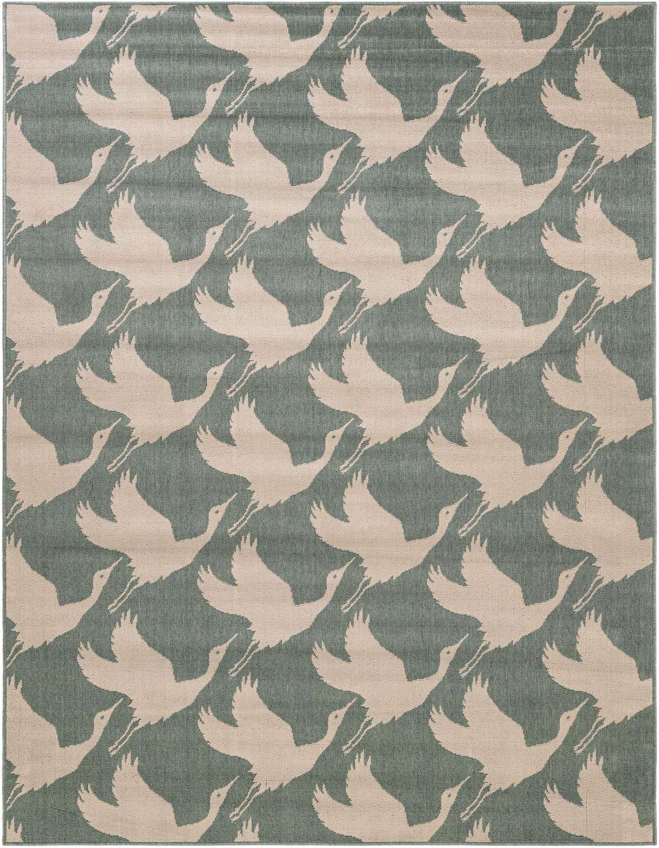 A 6x9 rectangular blue and cream modern rug with a repeating pattern of flying cranes, suitable for indoor or outdoor use.