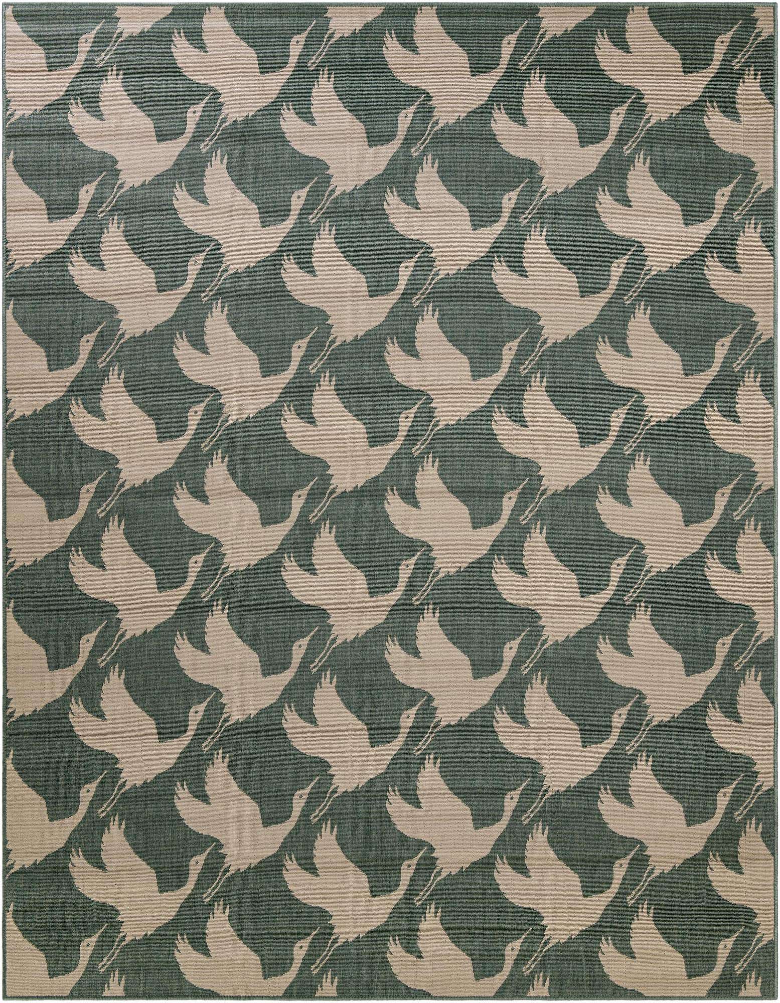 8x10 rectangular rug with a repeating pattern of light beige flying cranes on a blue-gray background.