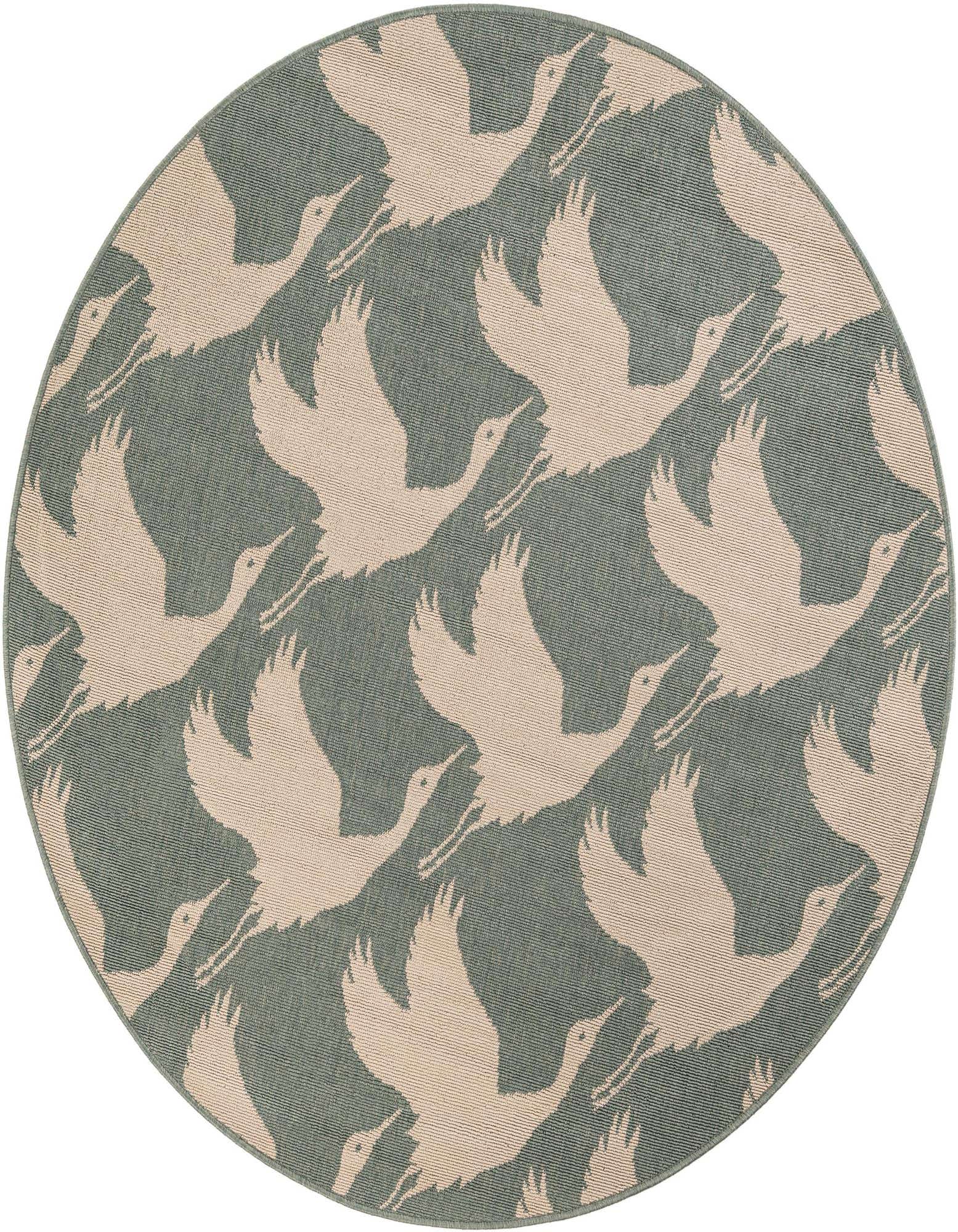 A round, flatweave rug featuring a repeating pattern of light beige flying cranes on a blue-gray background, suitable for indoor or outdoor use.