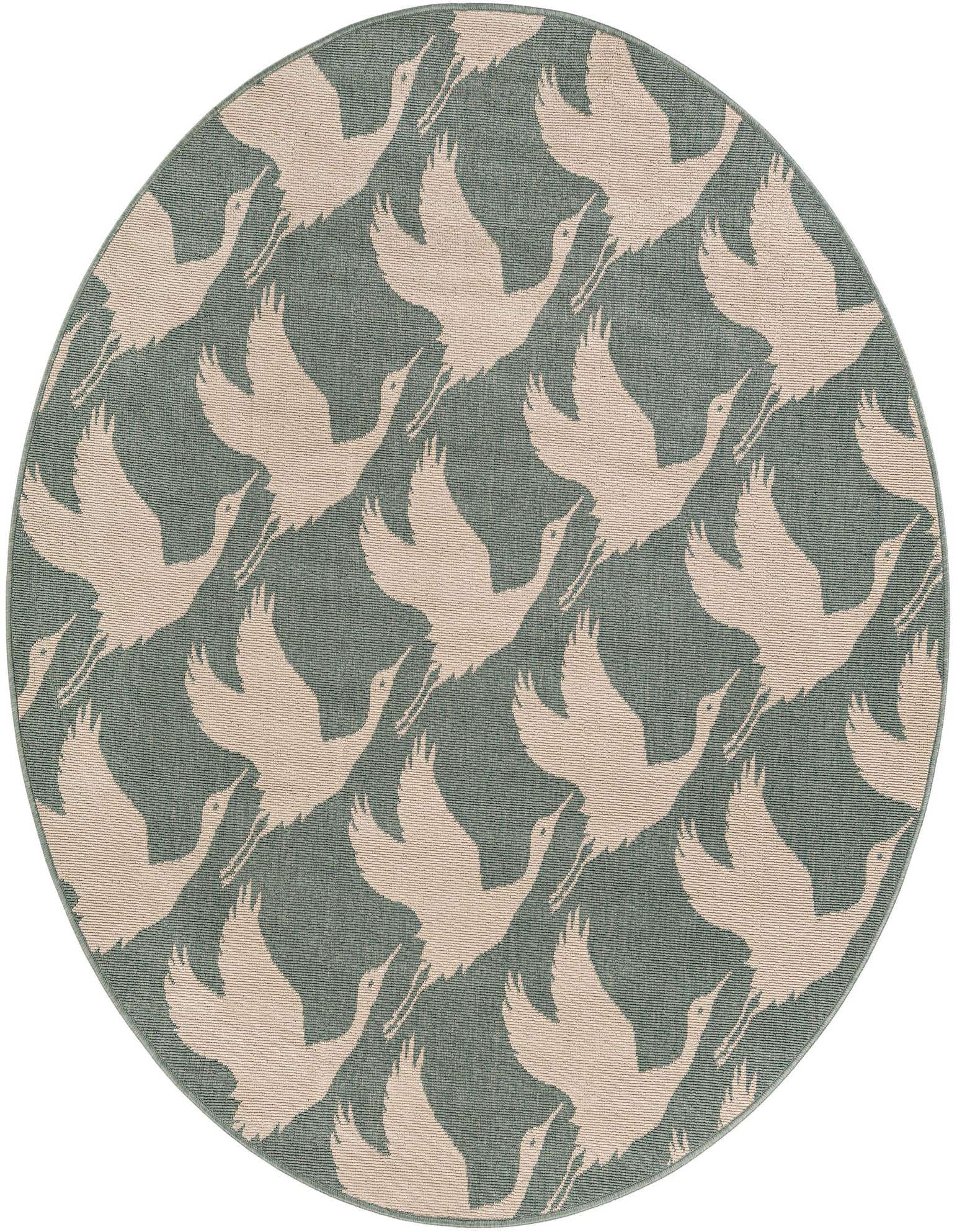 A 6' round blue and beige modern rug with a repeating pattern of flying cranes, suitable for indoor or outdoor use.