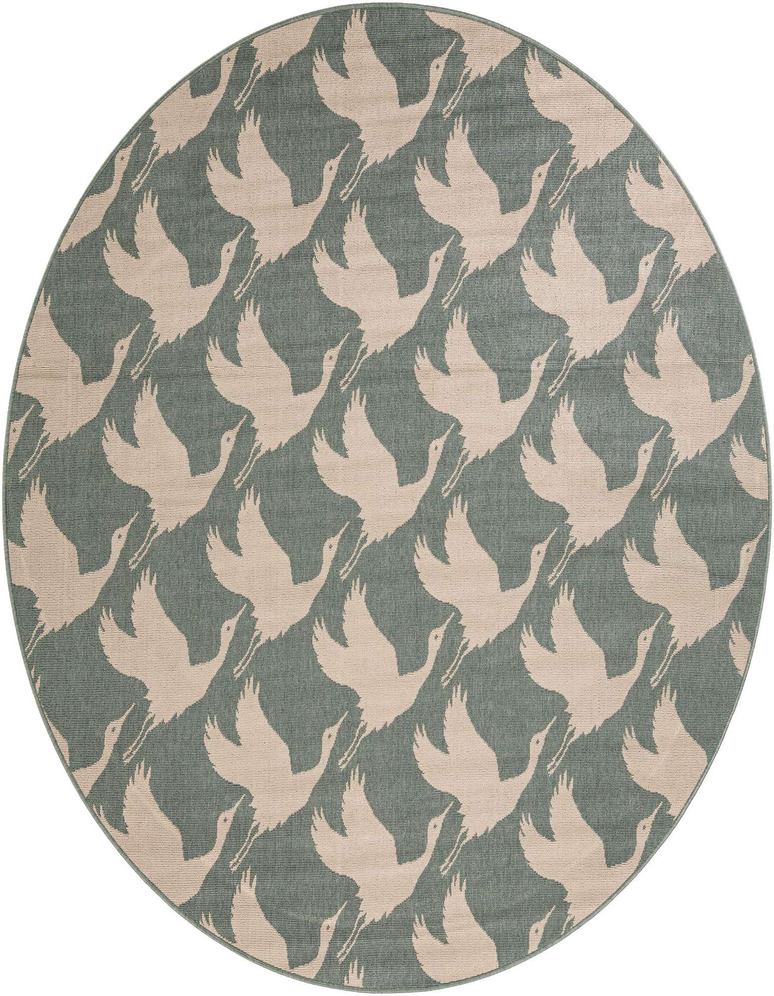 A 7' 10 round blue and beige modern rug with a repeating pattern of flying cranes, suitable for indoor or outdoor use.