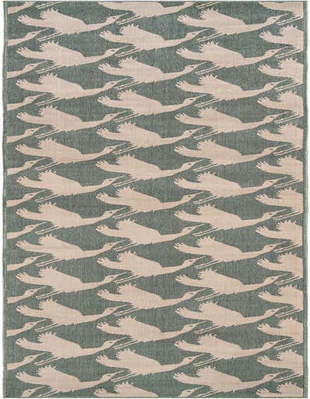 A 12 ft runner rug with a modern blue-green background and an abstract pattern of light beige flying geese, suitable for a hallway or patio.