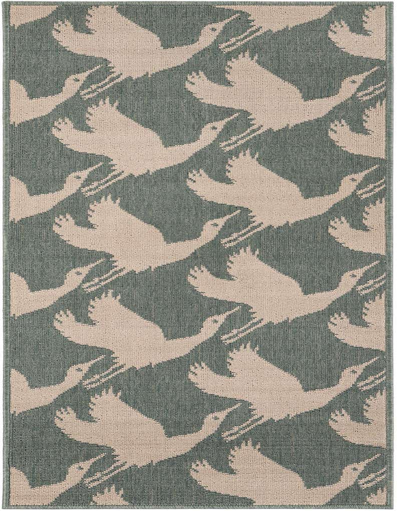 A 5 ft runner rug with a modern blue and off-white pattern of flying birds, ideal for a hallway or patio.