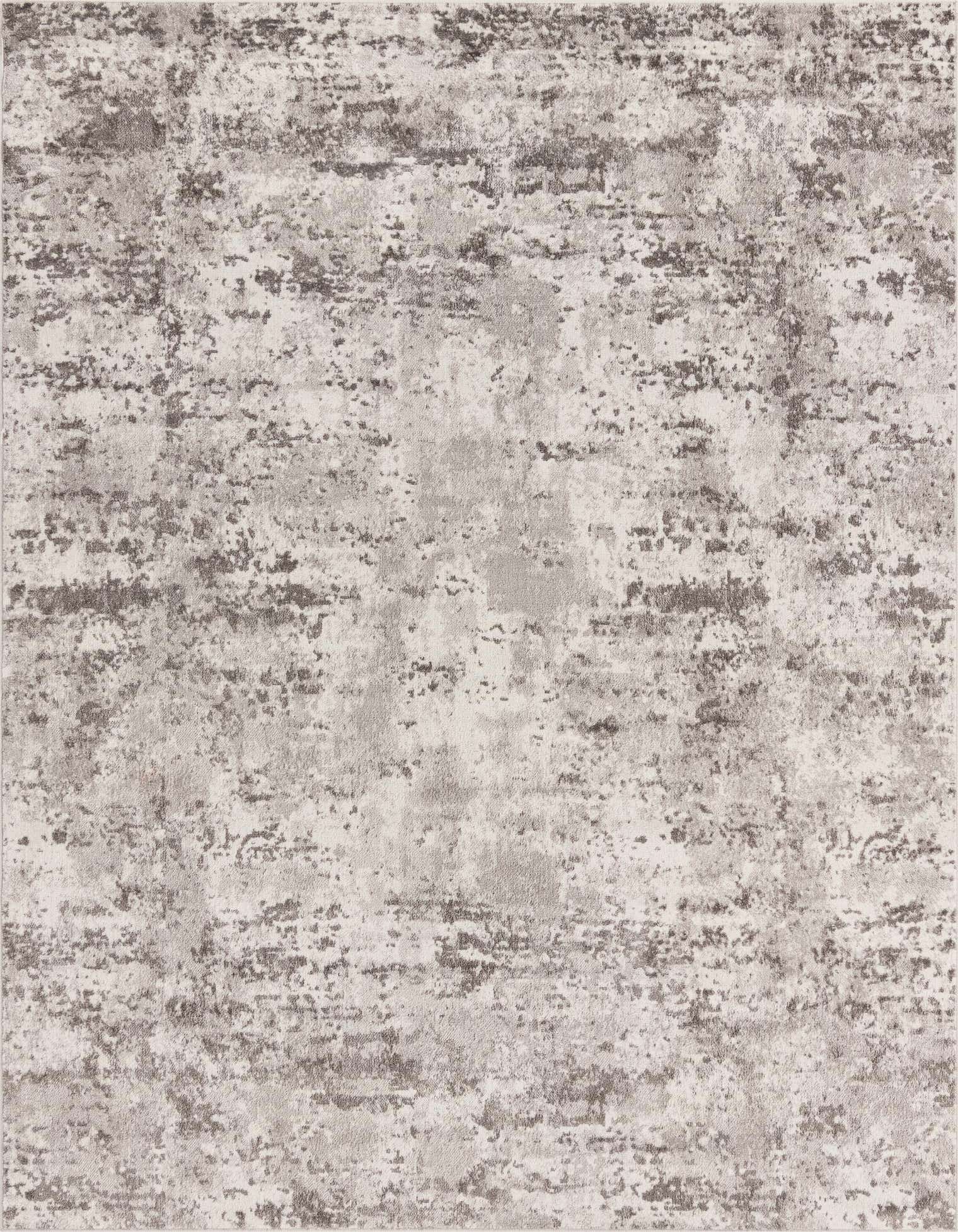 An 8x10 rectangular Aurora rug in shades of gray and silver with a distressed, transitional pattern, suitable for a modern living room.