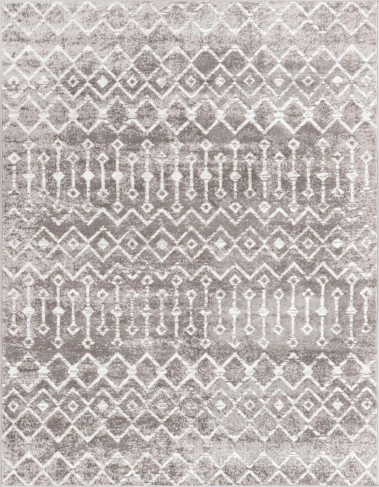 A 6x9 rectangular gray area rug with a distressed bohemian trellis pattern, featuring diamond and vertical line motifs.