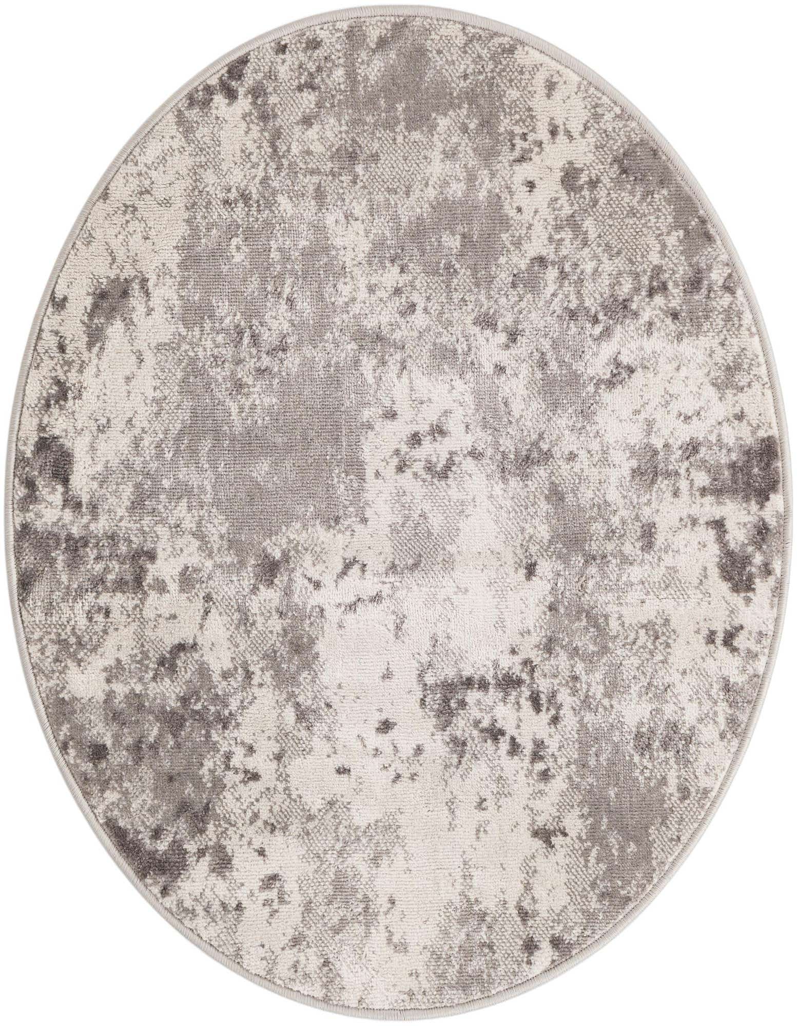 A 3' 0 x 3' 0 round gray and silver minimalist rug with a distressed, abstract pattern on a white background.