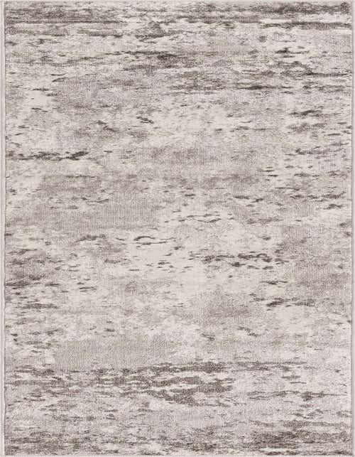 A long 8 ft runner rug in shades of gray and silver with a distressed, minimalist pattern, perfect for a hallway or kitchen.