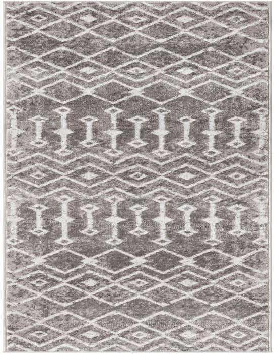 A 10 ft runner rug in shades of gray and silver with a distressed bohemian trellis pattern, ideal for a hallway.