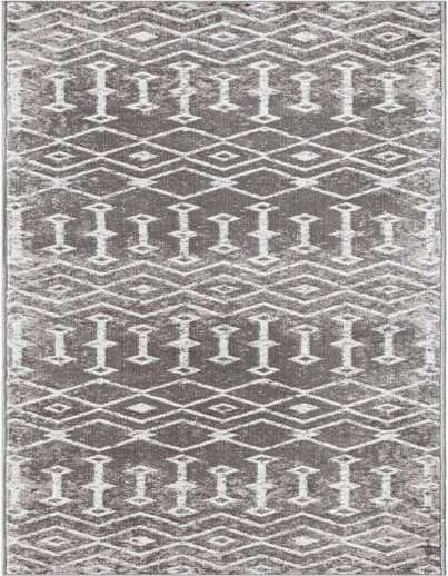 A 13 ft runner rug featuring a distressed gray background with a repeating white tribal trellis pattern.