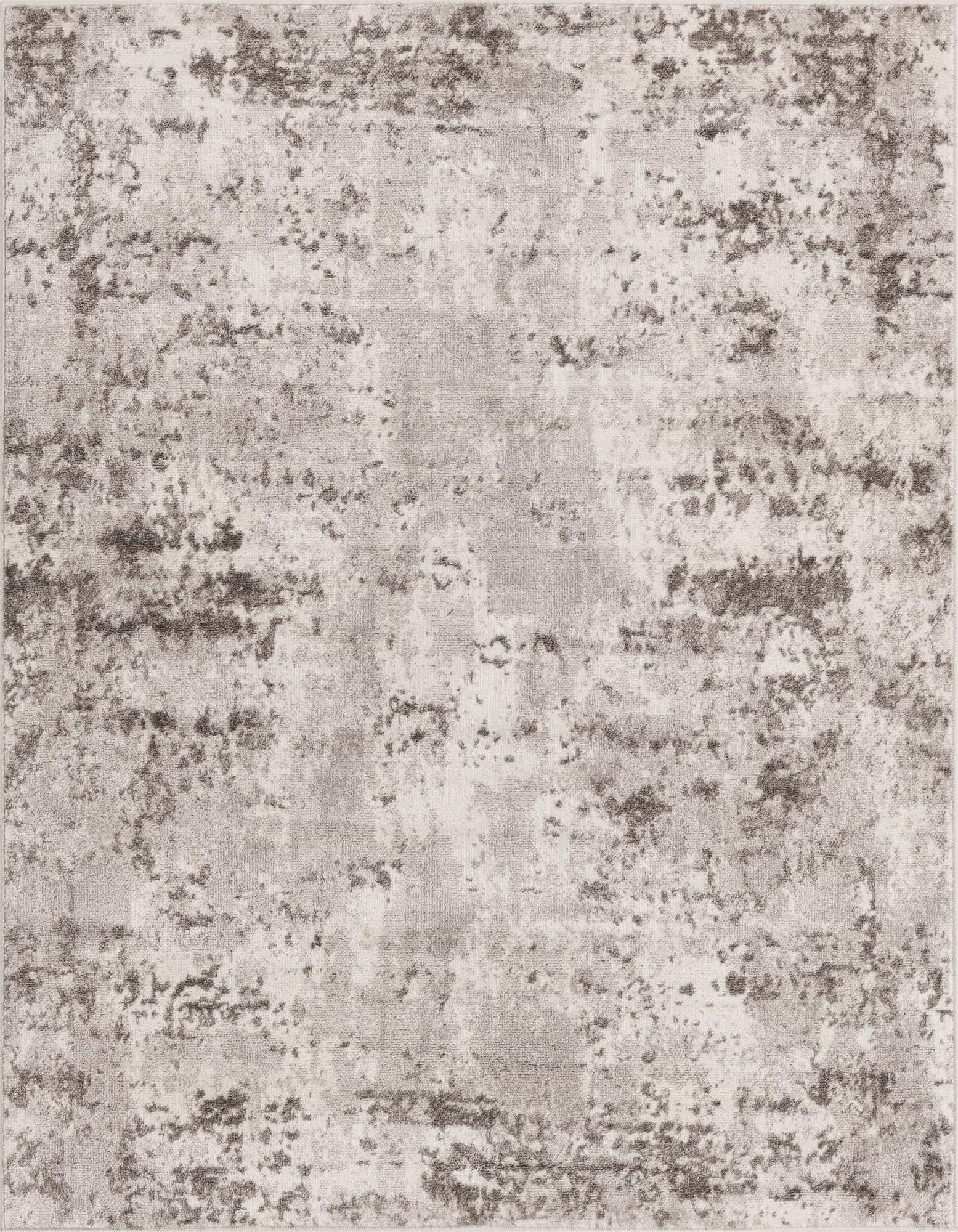 A 4'x4' square gray transitional rug with a distressed, vintage-modern pattern and flat pile.