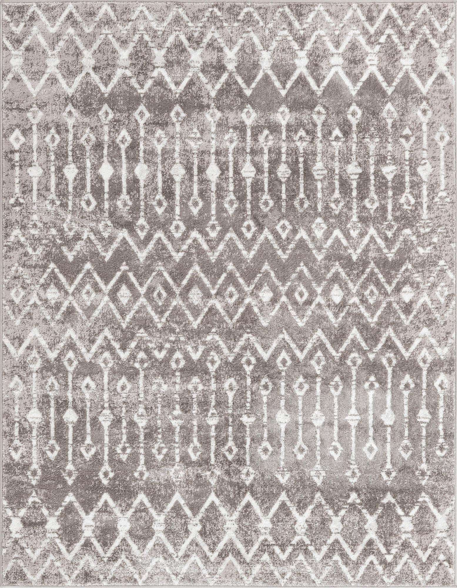 A 6' 0 x 6' 0 square gray and silver bohemian trellis rug with a distressed tribal pattern.