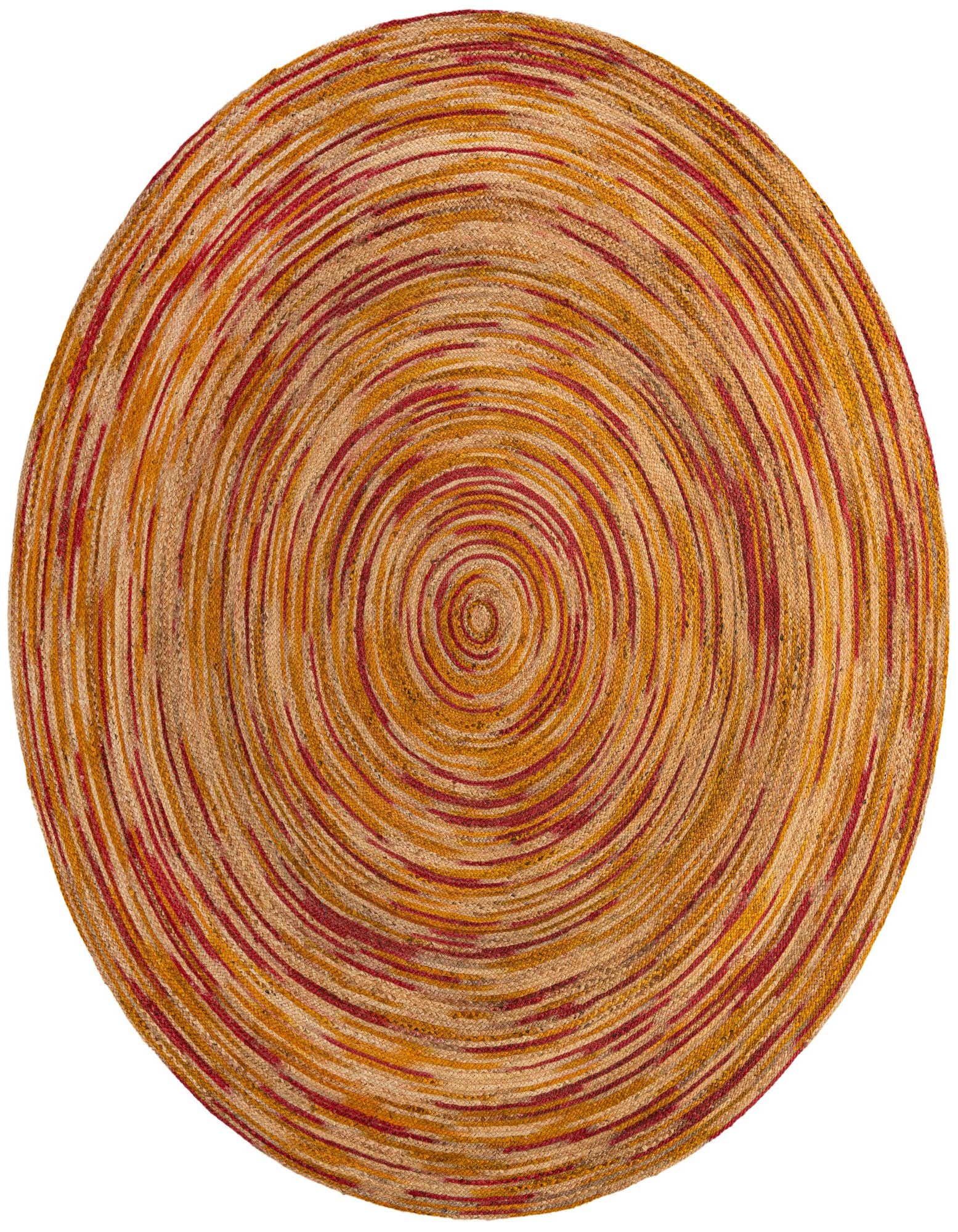 A 10-foot round Braided Jute rug with concentric swirls of orange, pink, and yellow tones, showcasing its natural texture.