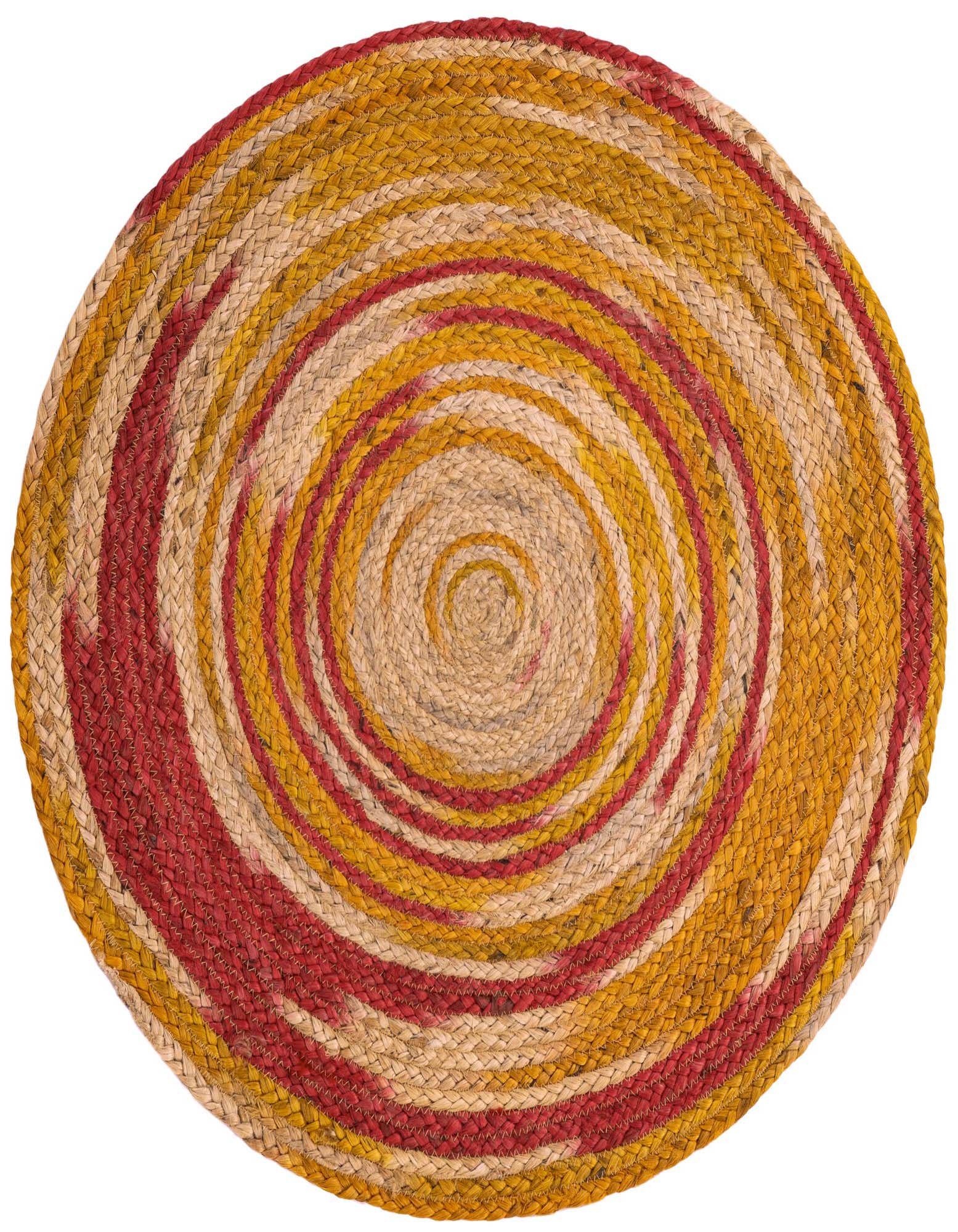 A round 3' 1 x 3' 1 Braided Jute rug with a spiral pattern in oranges, pinks, and yellows.