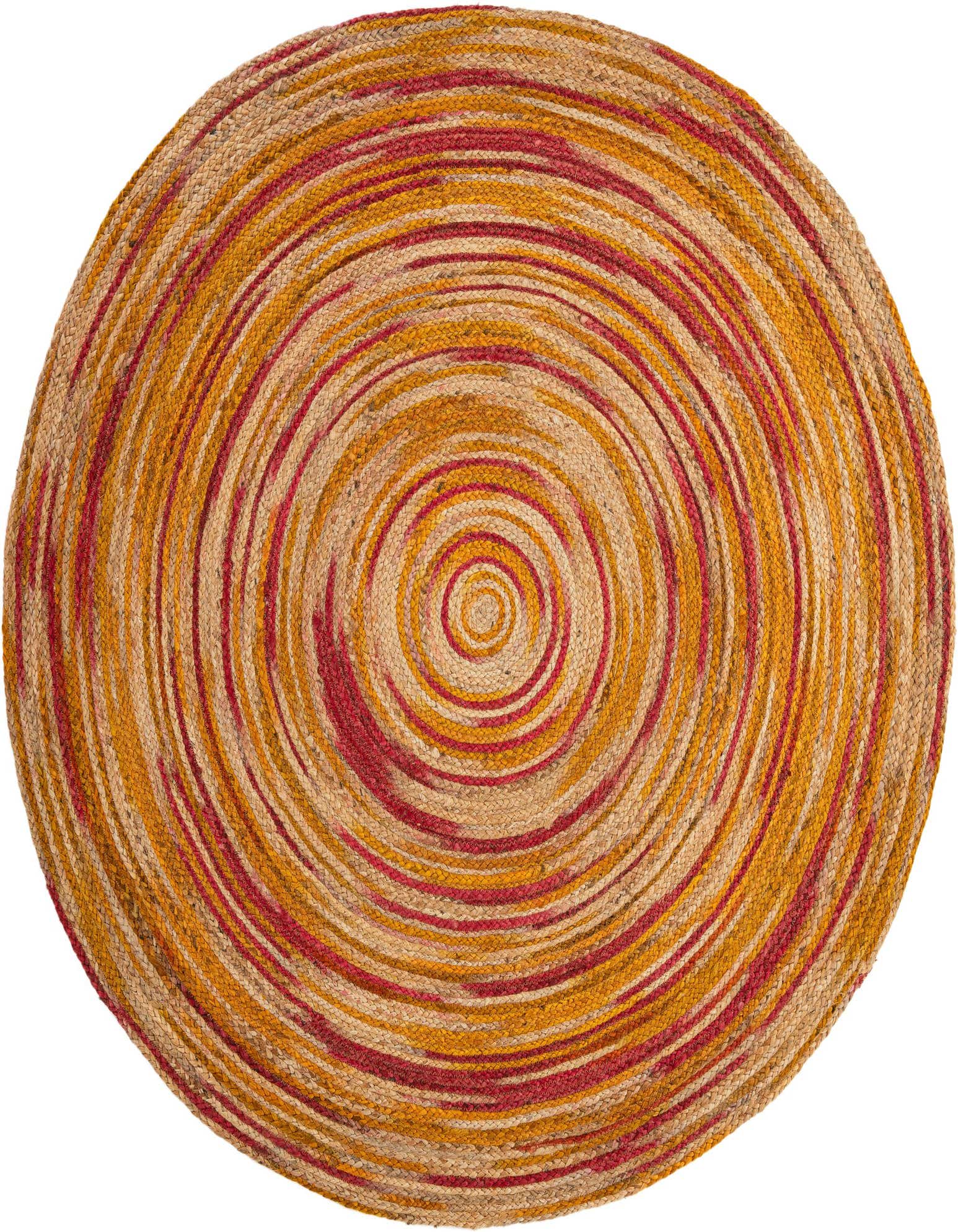 A 6' 1" round jute rug with a modern spiral pattern in natural tan, orange, pink, and gold tones.