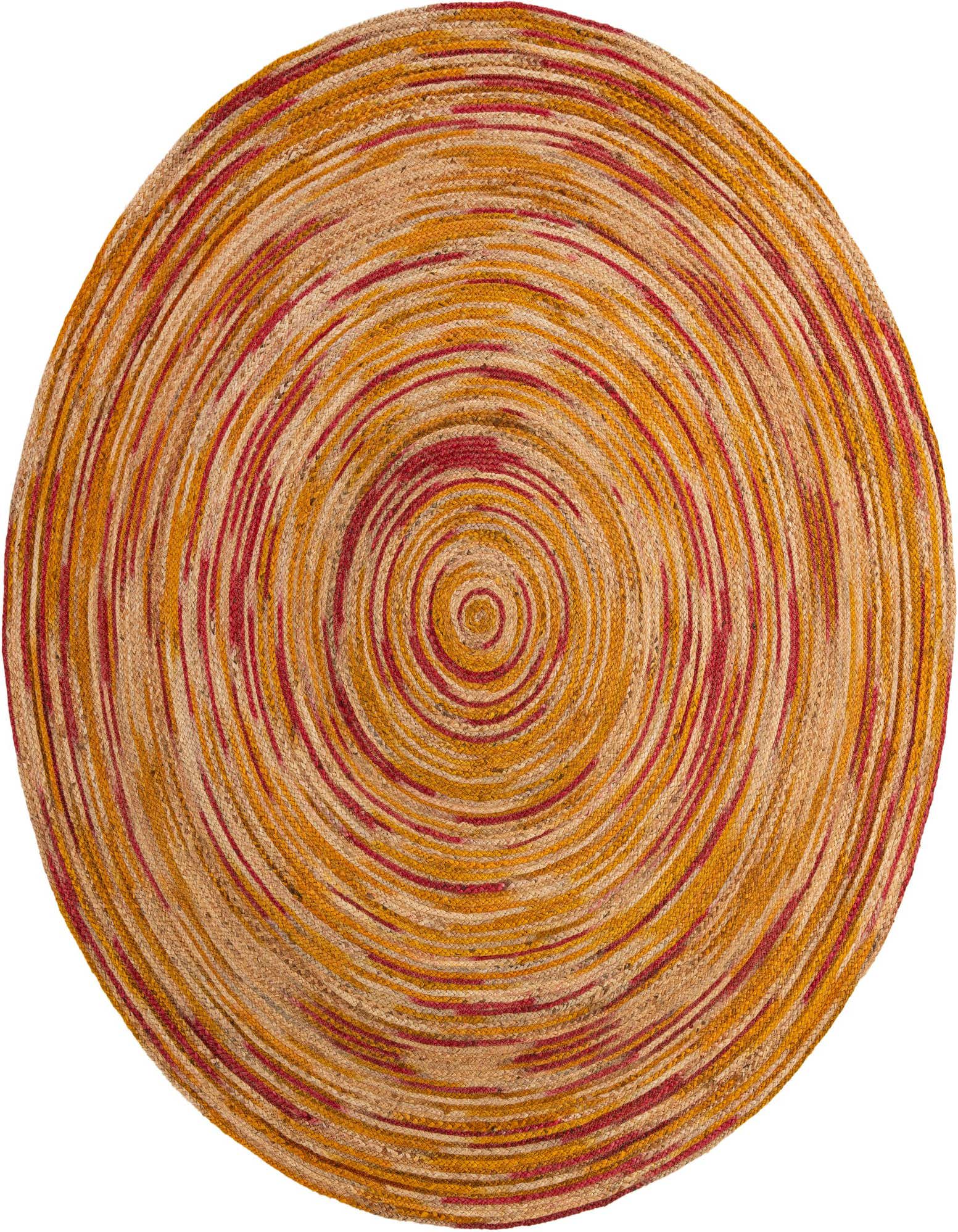 A 7' 10 round jute rug featuring a modern spiral pattern in oranges, pinks, and yellows.