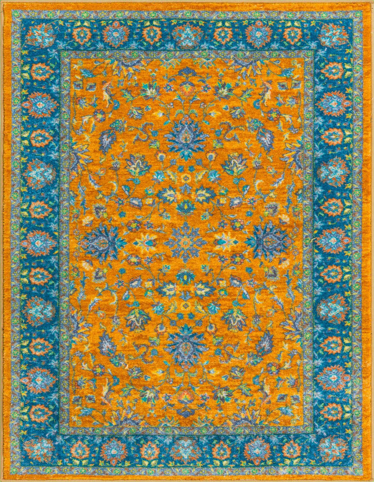 A 3x5 rectangular Medina rug with a golden-yellow field and a teal-blue border, featuring traditional floral and oriental patterns.