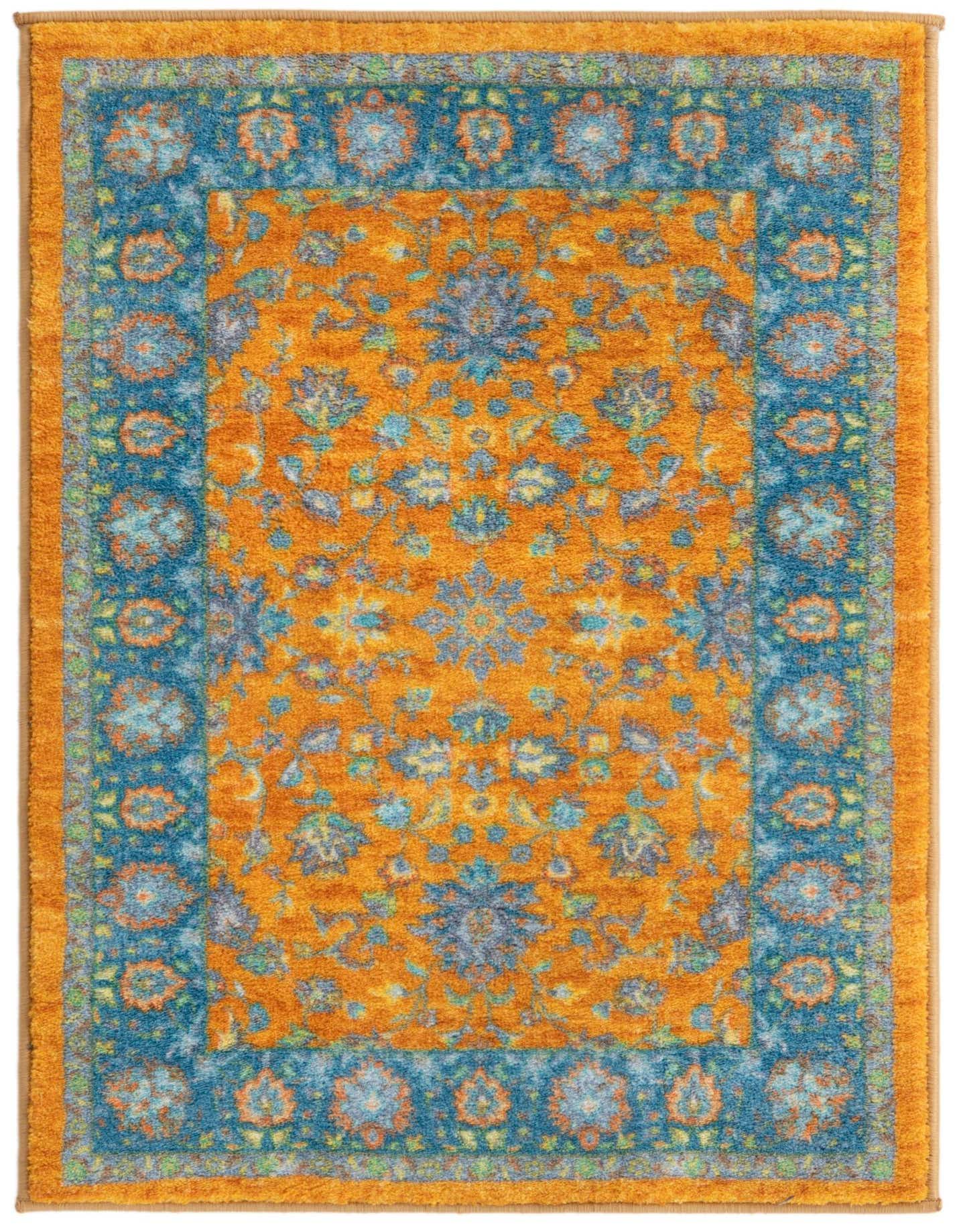 A 2x3 rectangular Medina rug featuring a vibrant yellow-gold field with intricate blue and orange floral patterns, framed by a blue border with similar motifs.