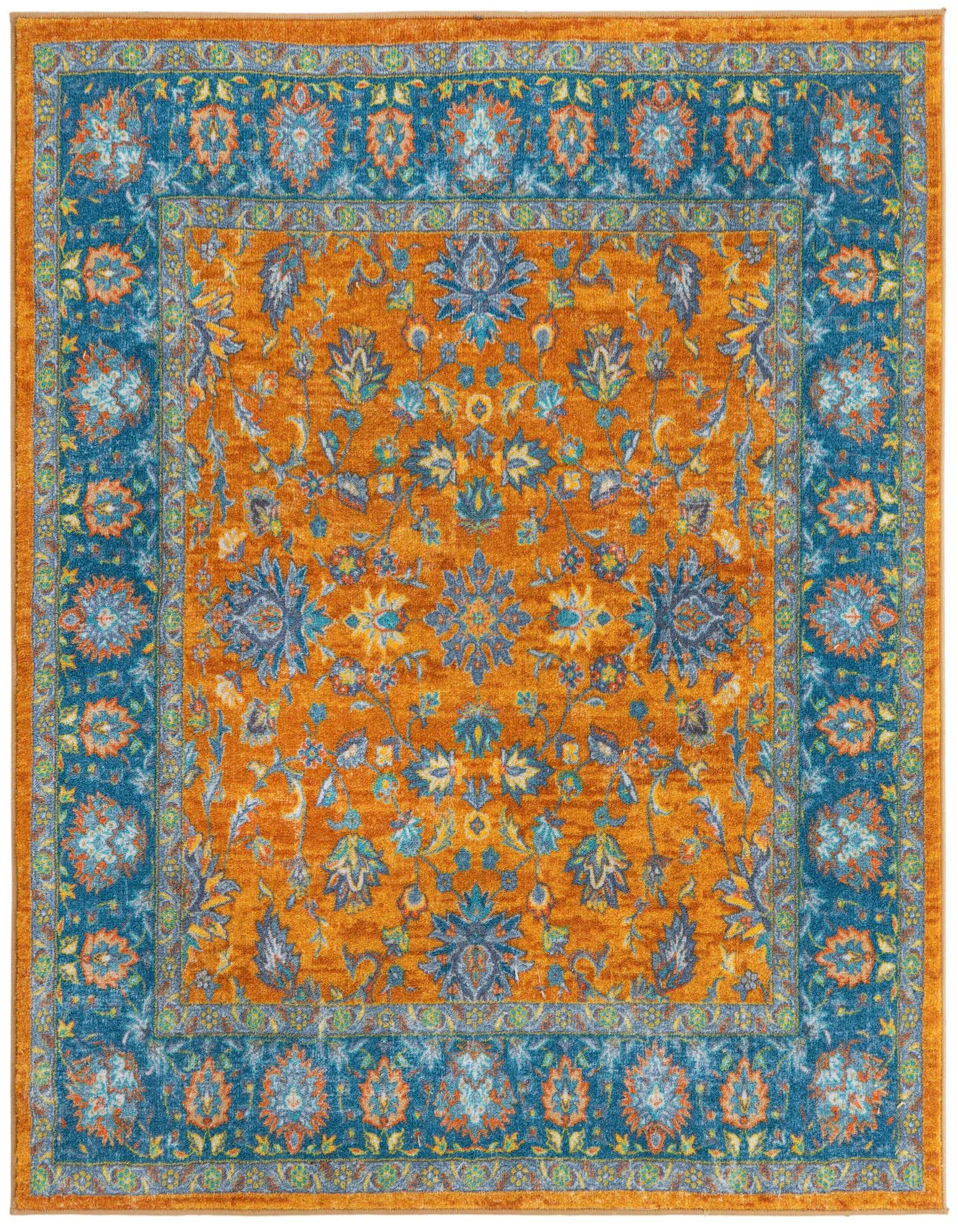 A 5' 3 x 5' 3 square Medina rug featuring a traditional floral pattern in yellow, gold, and blue tones.