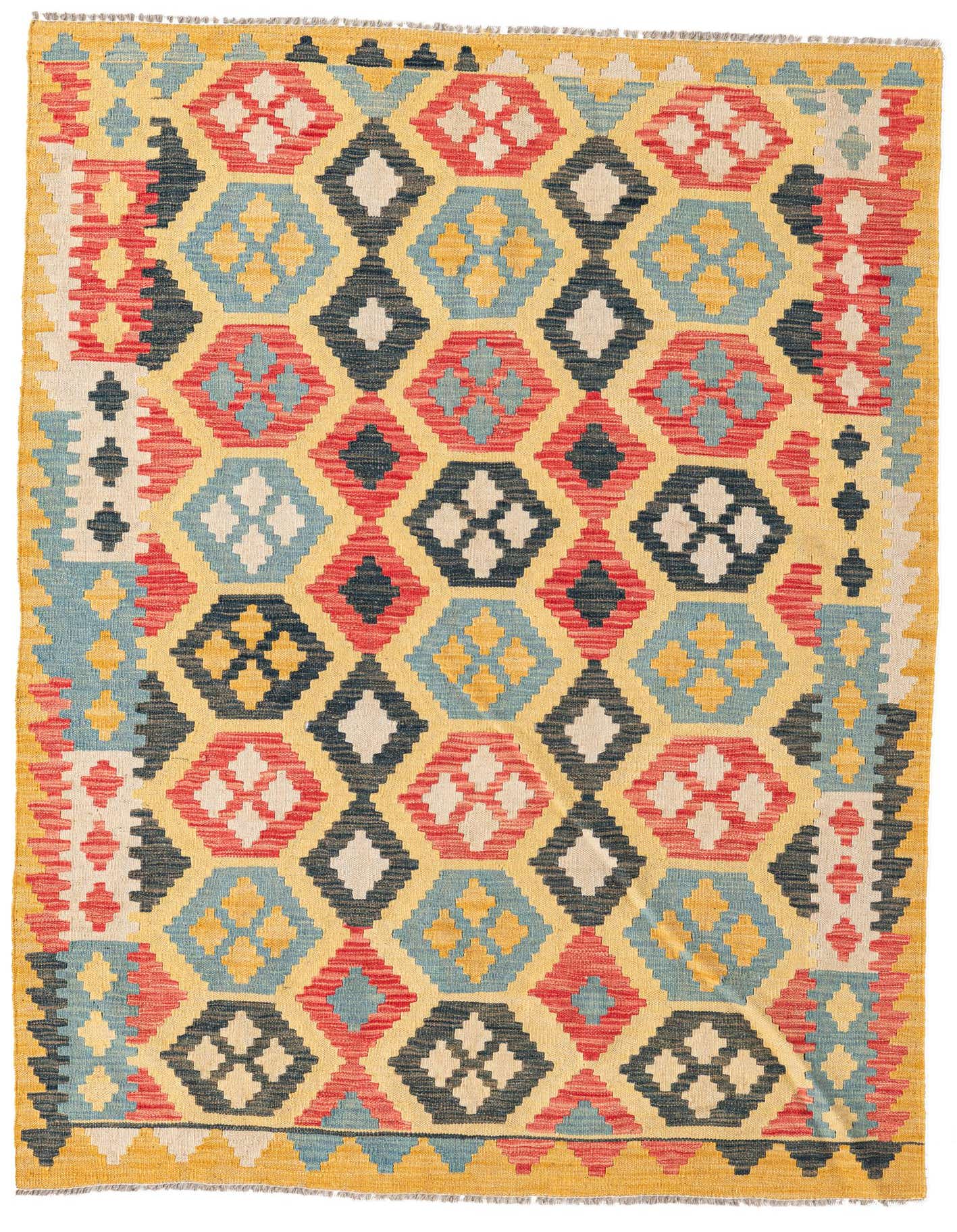 A 4x6 rectangular Kilim Maymana rug with a vibrant tribal pattern in pink, blue, cream, and yellow, featuring geometric diamond motifs.