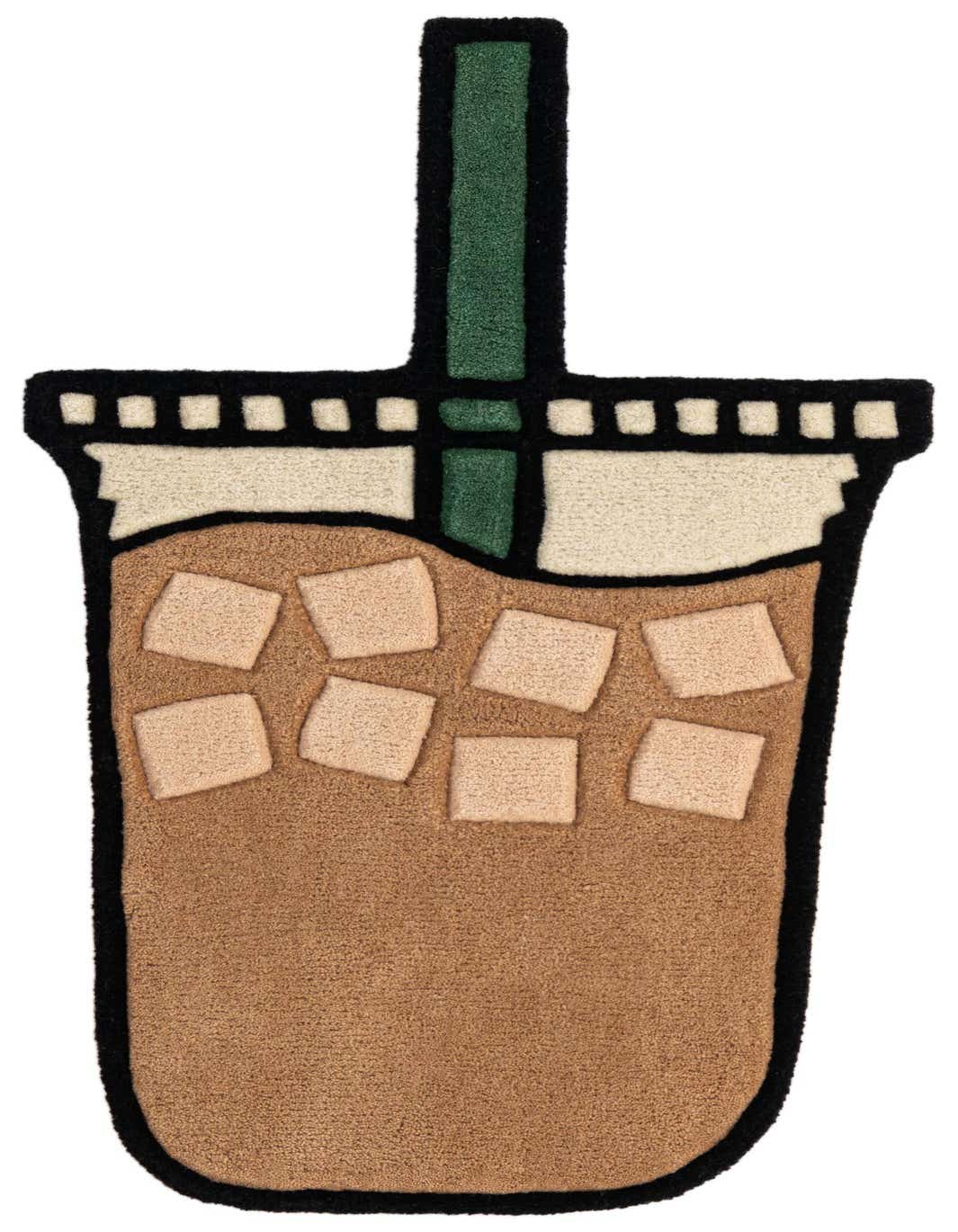 A freeform rug shaped like an iced coffee cup with a green straw, brown liquid, and tan ice cubes.