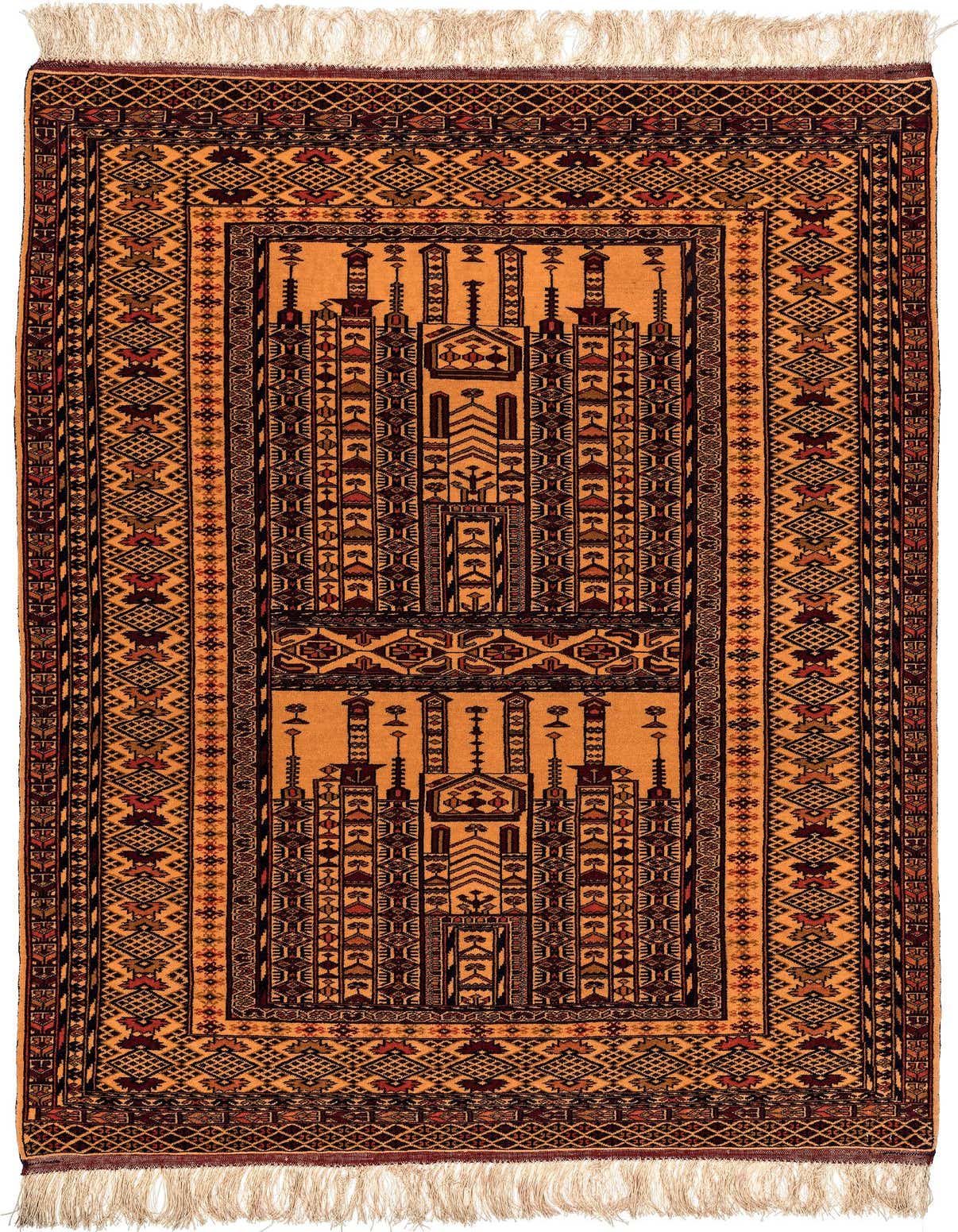 A 4x6 rectangular Afghan Akhche rug featuring traditional tribal patterns in warm browns, tans, and creams, with fringe.