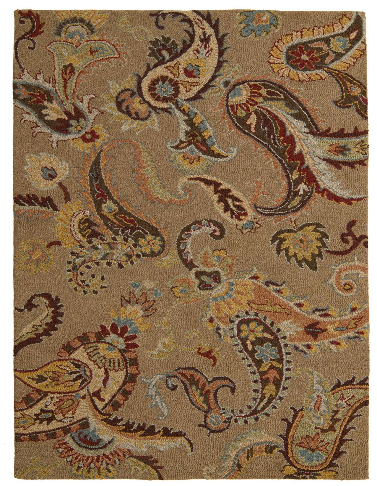 A 5x8 rectangular brown area rug with a high pile, featuring an abstract paisley pattern in shades of brown, tan, ivory, cream, gold, and light blue.
