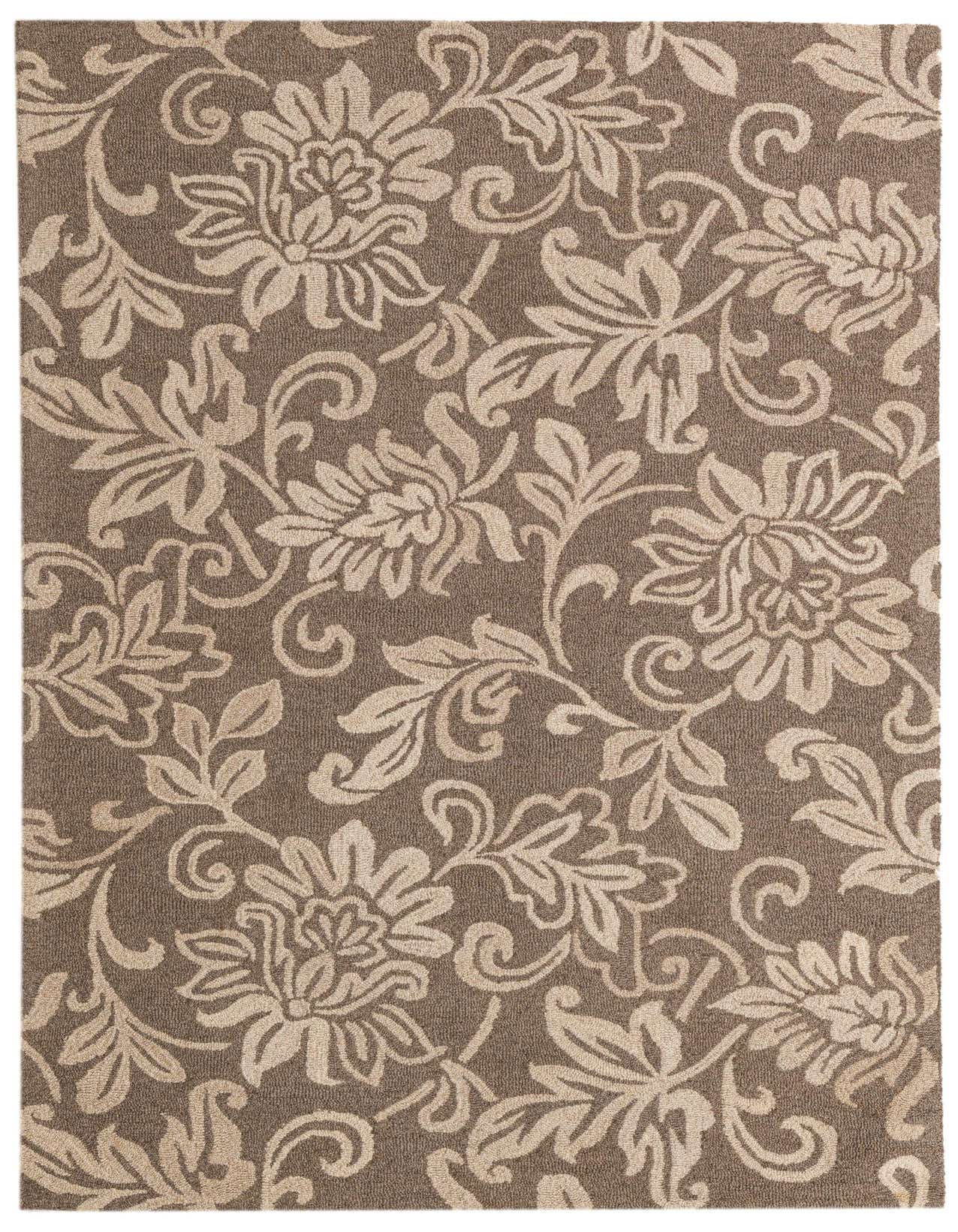 A 5x8 rectangular brown and tan wool rug with a modern floral pattern, suitable for a living room or bedroom.
