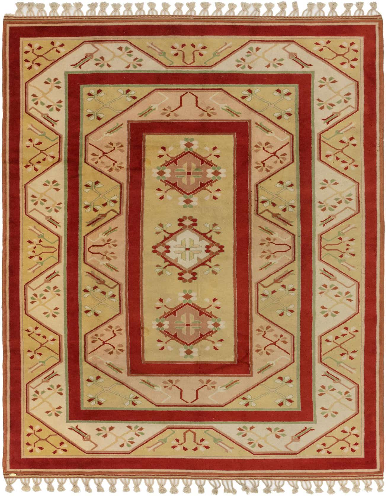 An 8x11 rectangular Anatolian wool rug with a traditional Southwestern pattern in brown, cream, red, and tan.
